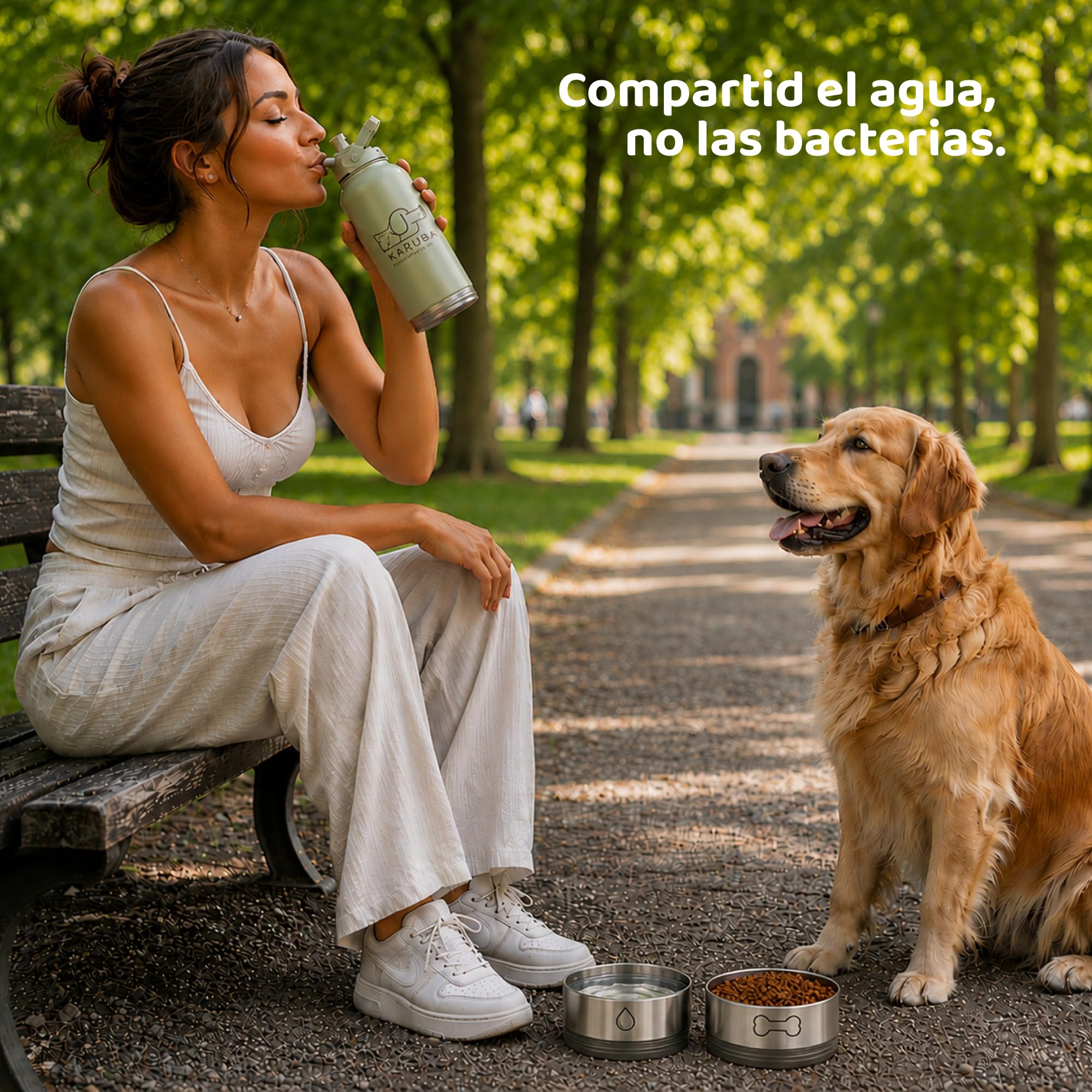 Botella Bebedero Portátil Perro 3 en 1 Acero Inoxidable Premium 1L – Comedero Integrado, Agua Fría 24h, Sin Microplásticos, Boquilla Dual Humano y Perro – Viajes, Senderismo, Playa, Paseos