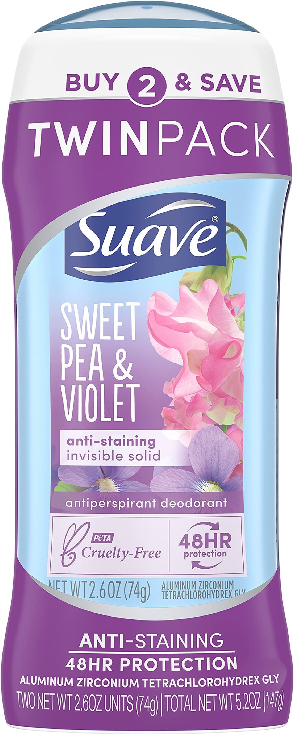 Suave Deodorant Antiperspirant Deodorant Stick 48-hour Odor and Wetness Protection Sweet Pea Violet Deodorant for Women 2.6 oz 2 Count