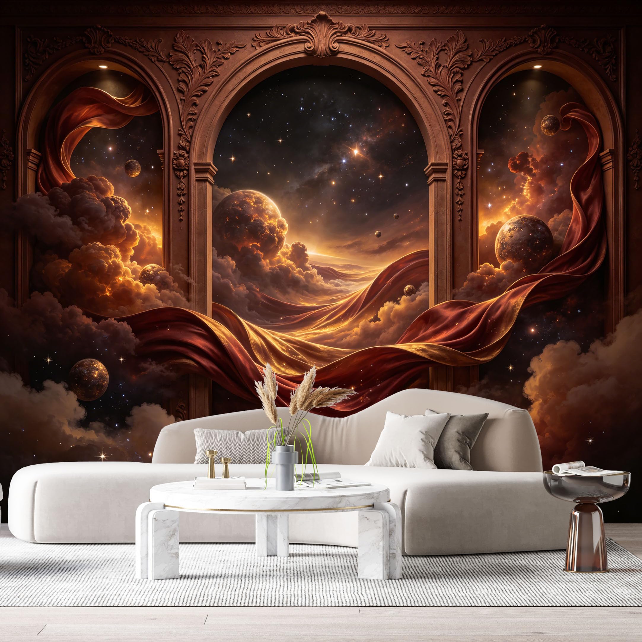 Custom Size Wall Murals Space Galaxy Nebula Planets Archway 3D Trompe L'Oeil SelfAdhesiveWall Fabric Removable Wallpaper Wall Decor for Living Room Bedroom Bathroom