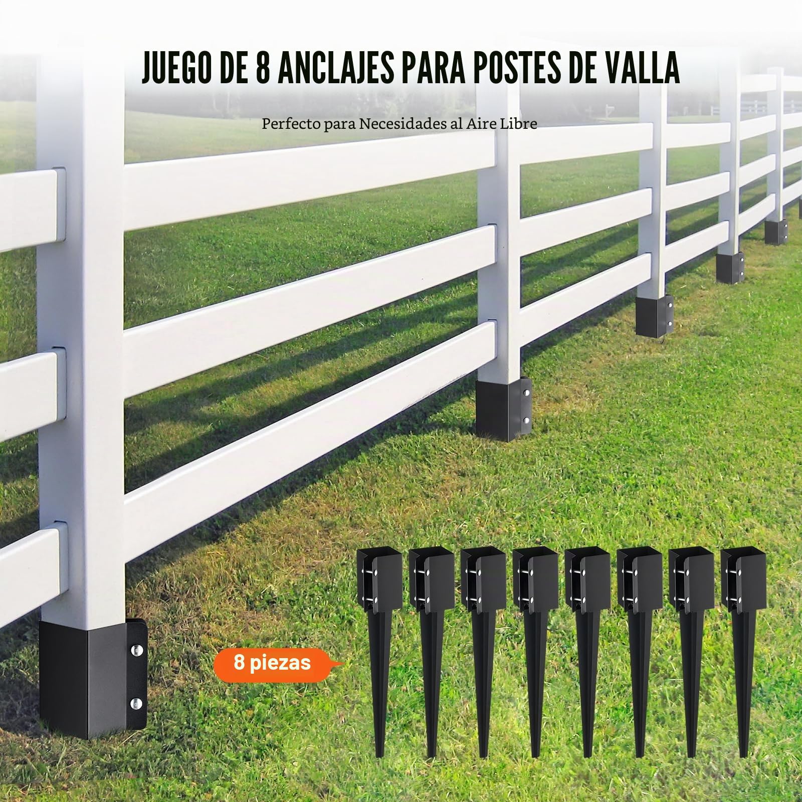 VEVOR Estaca de anclaje para poste de valla, paquete de 8, 24 x 4 x 4 pulgadas de diámetro exterior (diámetro interior 3,5 x 3,5 pulgadas), estaca de poste con recubrimiento de polvo negro de metal, p