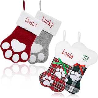 Personalized Christmas Stocking for Dogs Cats, Custom Embroidered Name Pet Paw or Large Bone Shape Christmas Stockings,Xmas Decorations Fireplace Hanging Stockings Family Holiday Dog Cat Gift（1 pcs）