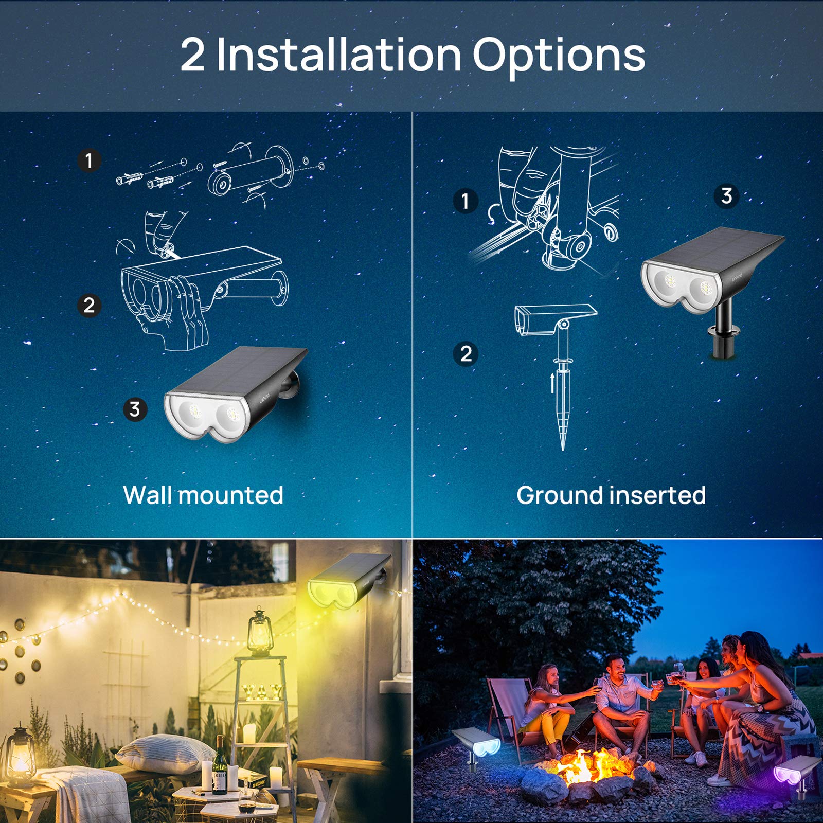 Linkind StarRay Luci Solari Esterno Giardino RGB, 16 LED Faretti Solari Colorate Decorative, 650LM Lampade Solari da Giardino Impermeabile IP67 per Cortile Prato Piscina, 2 Pezzi