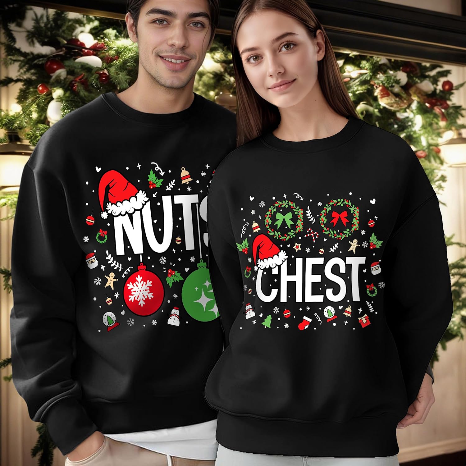 Matching Christmas Sweatshirts for Couples Chest Nuts Christmas Shirts His and Her Holiday Xmas Outfits - Image 3