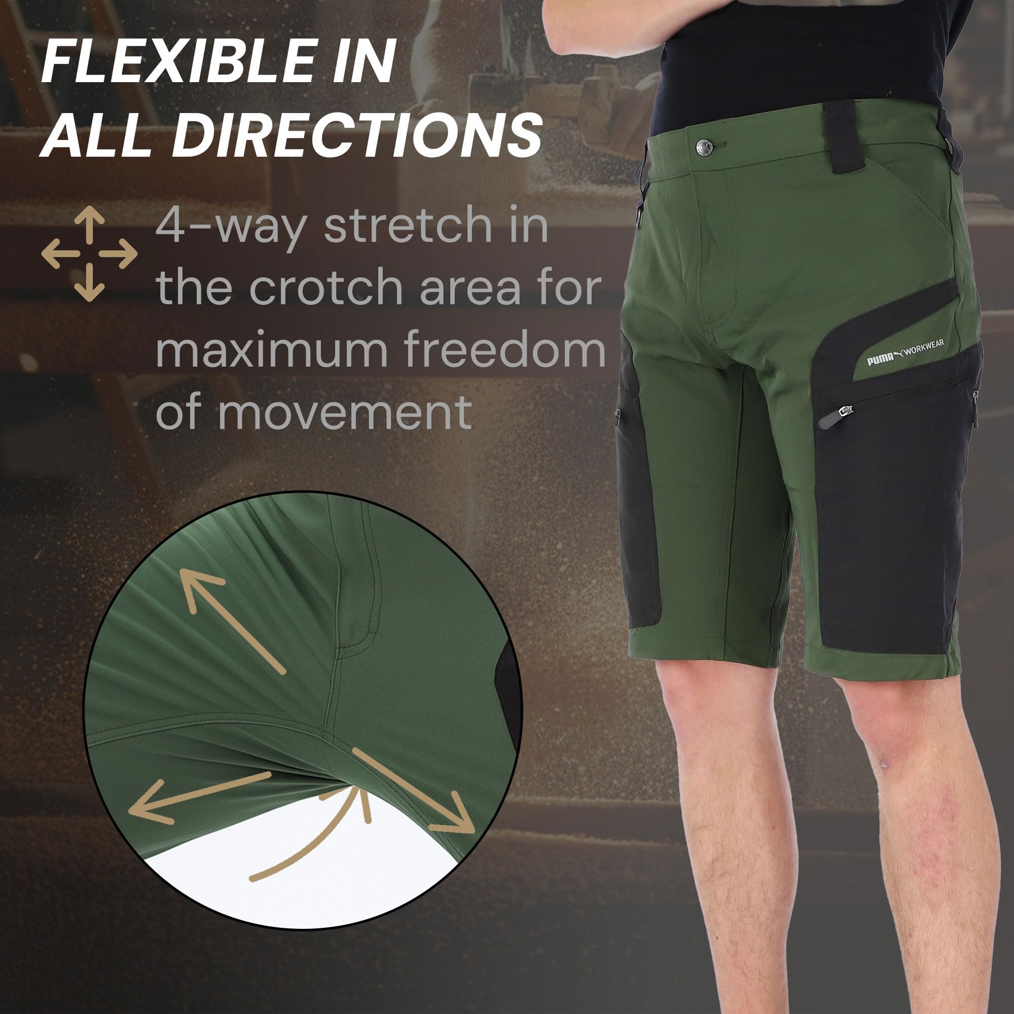 PUMA Workwear Pro-One Adventure - Pantalones cortos de senderismo para hombre, nailon reforzado y duradero, con elástico en 4 direcciones, con anillo en D, pantalones de exterior