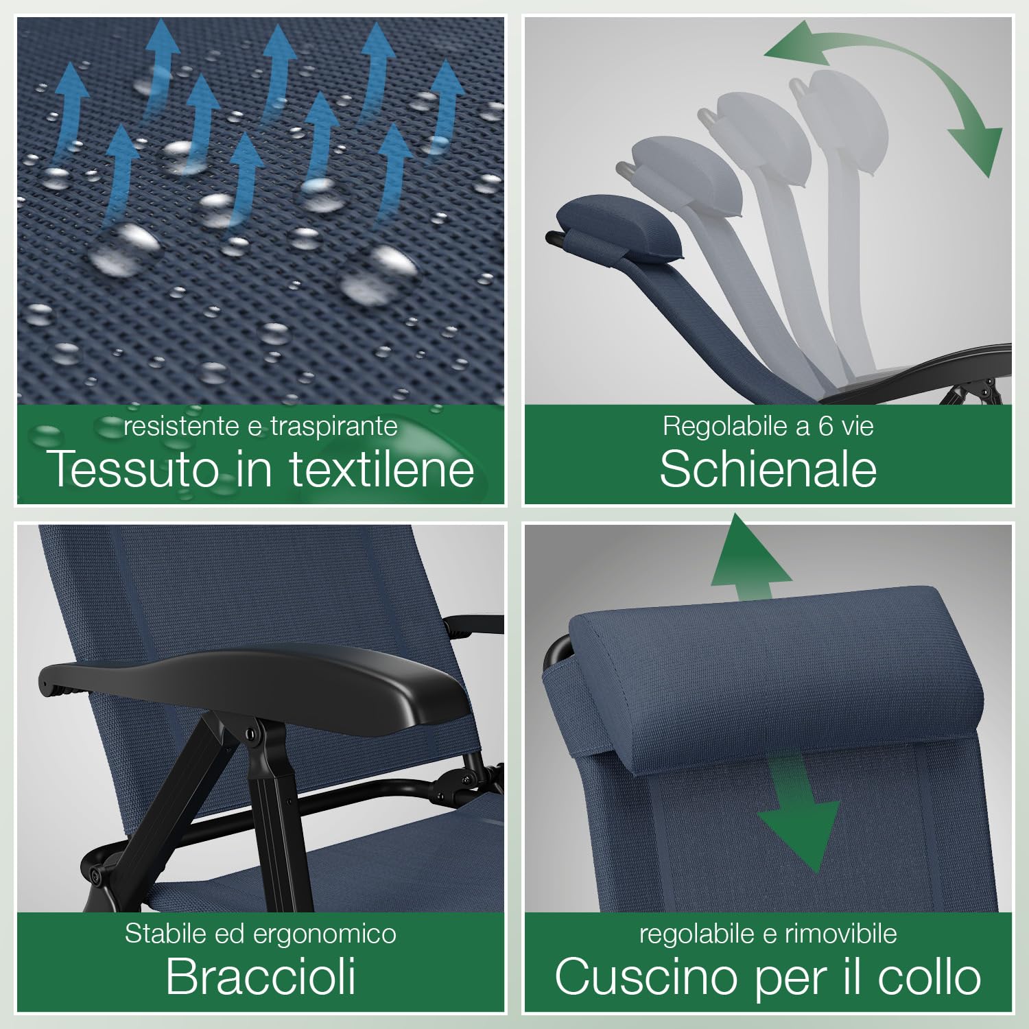 ELONEO Sedia da Giardino Pieghevole con Poggiapiedi Rimovibile - Comoda Sdraio Pieghevole in Alluminio per Campeggio, Giardino e Balcone, con Schienale Regolabile Blu