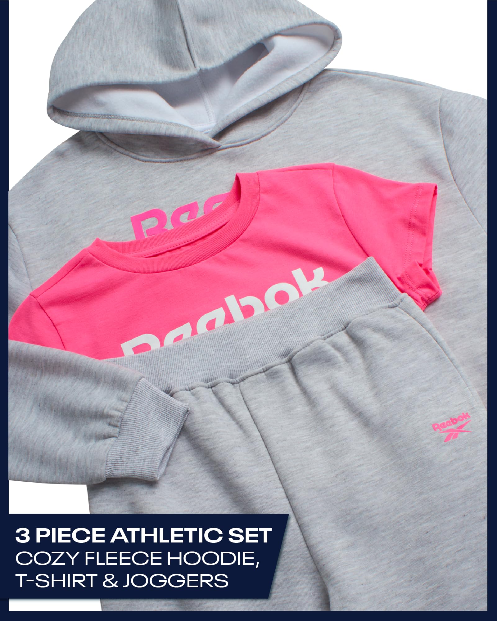 Reebok Zestaw odzieży sportowej dla dziewczynek - 3-częściowa stylowa koszulka z grafiką polarowa bluza z kapturem i spodnie dresowe do biegania Rozmiar: 4-12 rozmiar