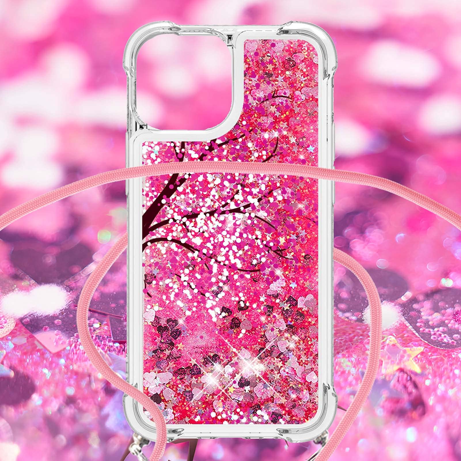 WenBaby Cover con Cordino per iPhone 13,Custodia a Tracolla Morbido Silicone Necklace Regolabile Staccabile Shock Absorption Antiscivolo Protettiva Case in Fiori di ciliegio