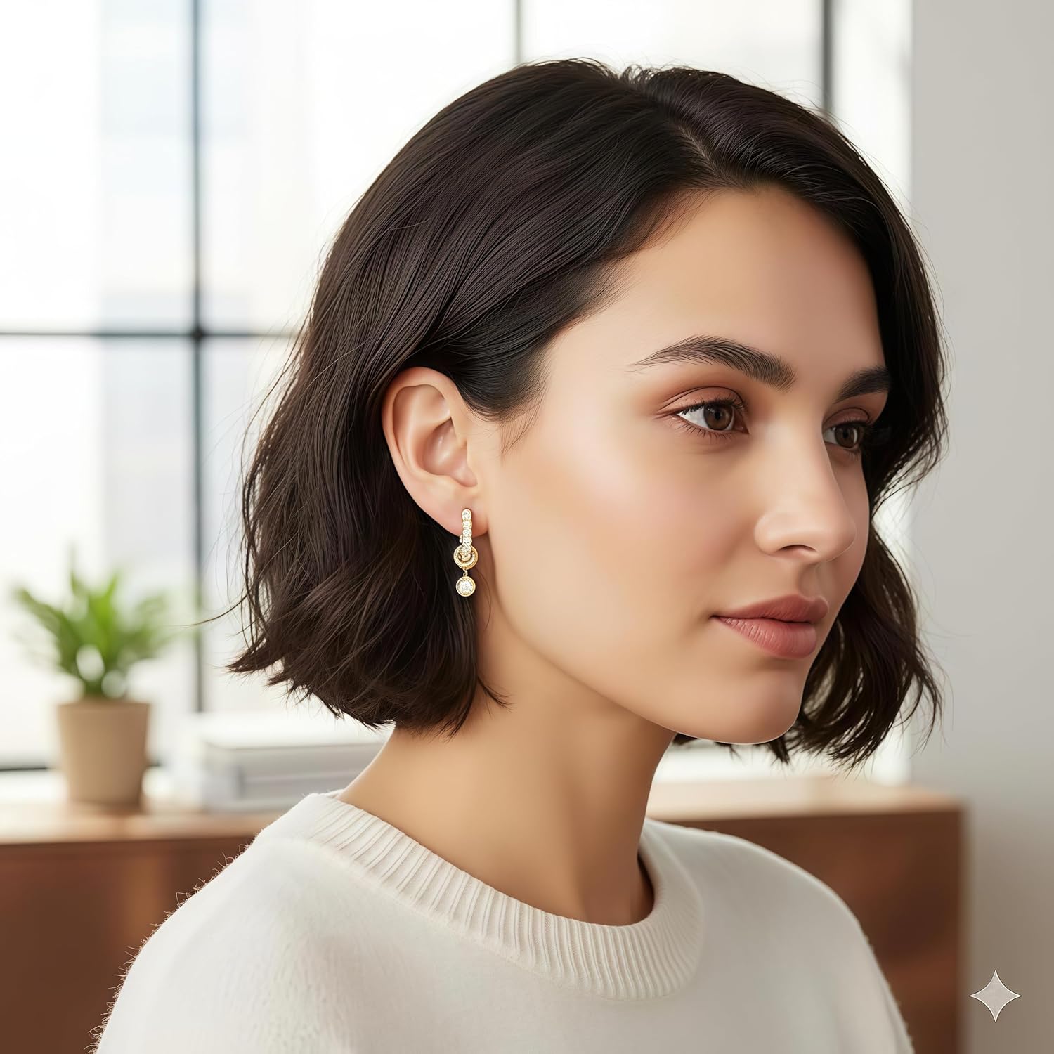 14K Gold Plated Hoop Earrings With Dangling Crystal Charm, Diamond Accent Huggie Hoops Earrings - Image 2