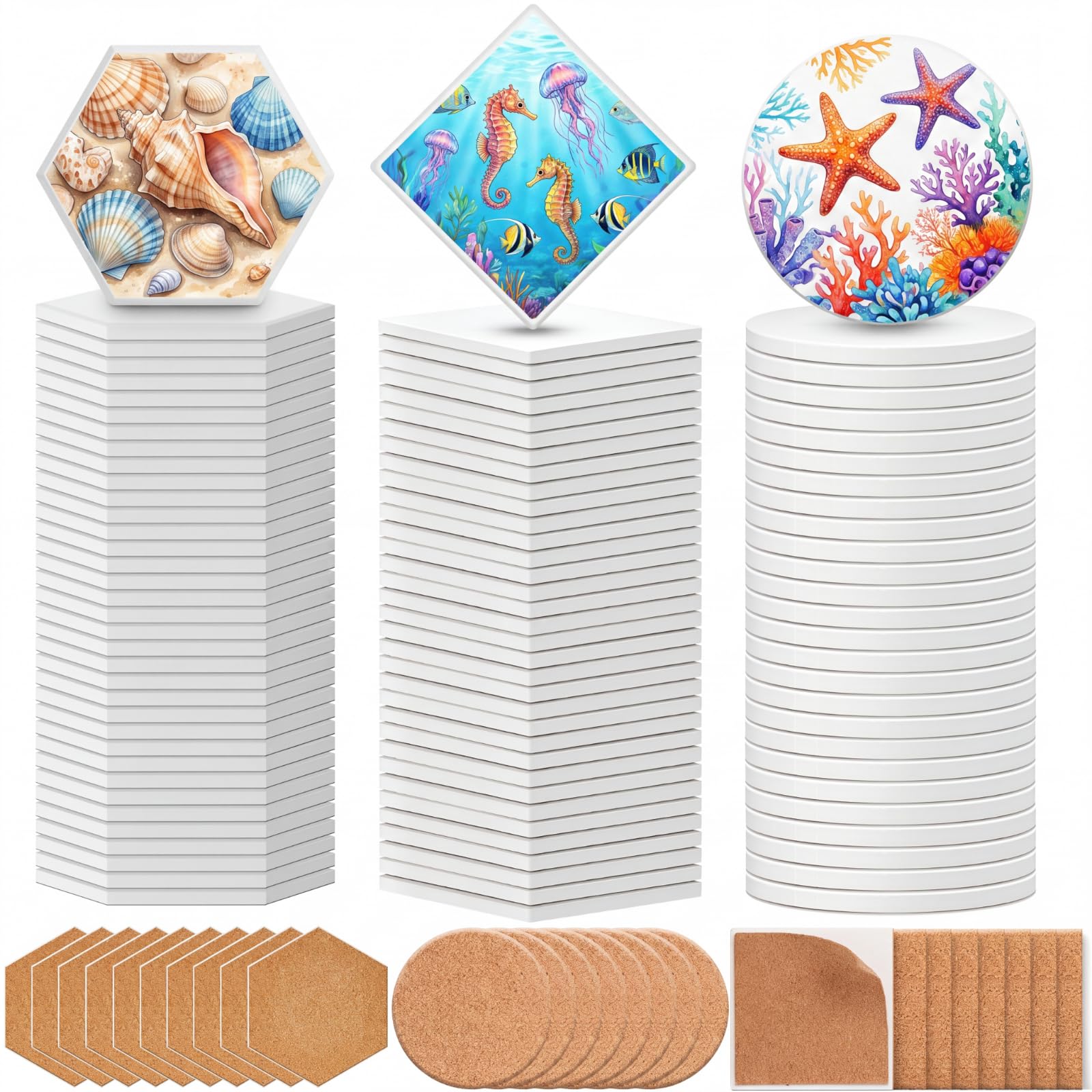 Tioncy 72 Pieces Sublimation Coasters Blank with Cork, Square Hexagon Round