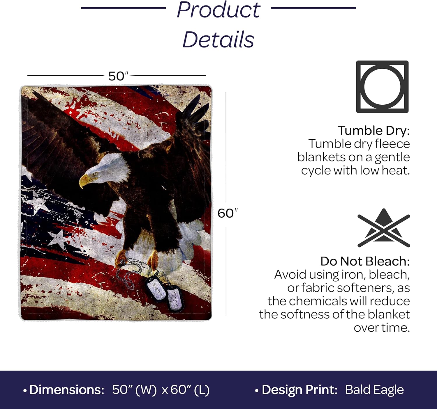 Bedford Home Sherpa Fleece Throw Blanket - American Flag Bald Eagle Print, Lightweight Hypoallergenic Bed Couch Plush Blanket for Adults and Kids