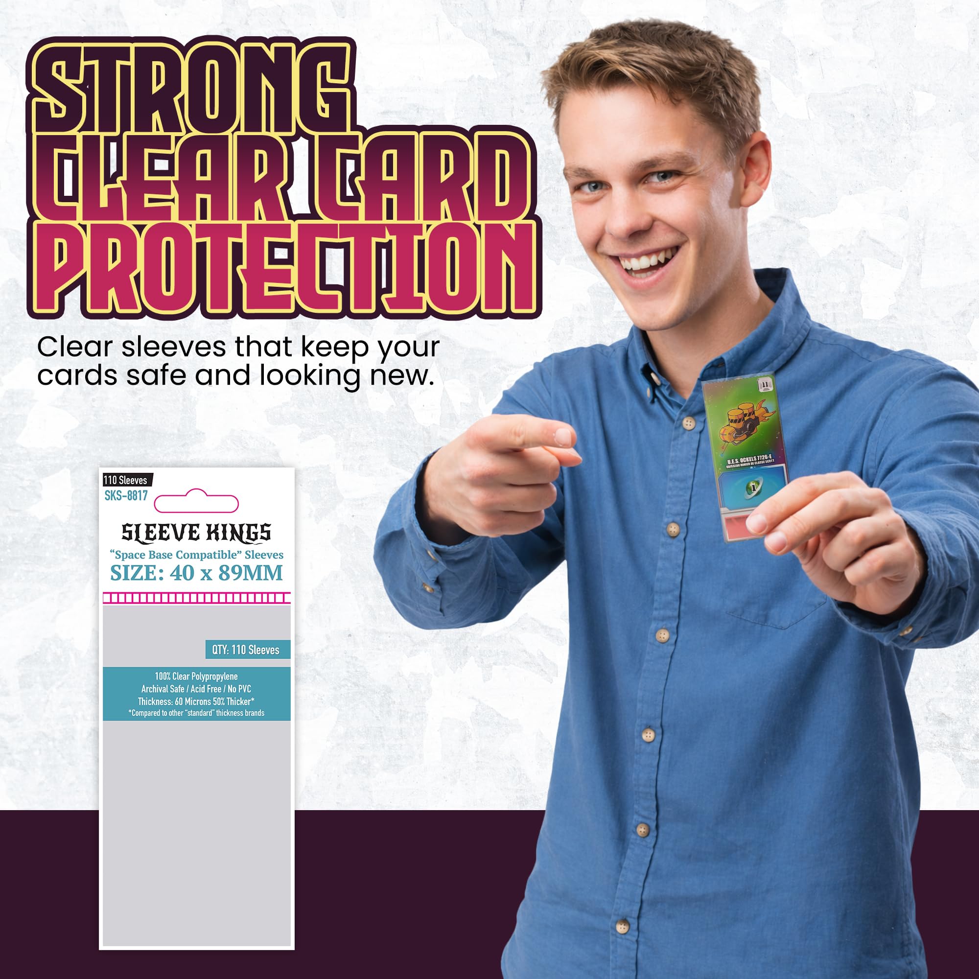 Amazon.com: Sleeve Kings Standard Card Sleeves – 110 Count, Clear 60 Micron  Thickness, Mini Size (40 x 89 mm), Compatible with Space Base & More – SKU:  SKS-8817 : Toys & Games