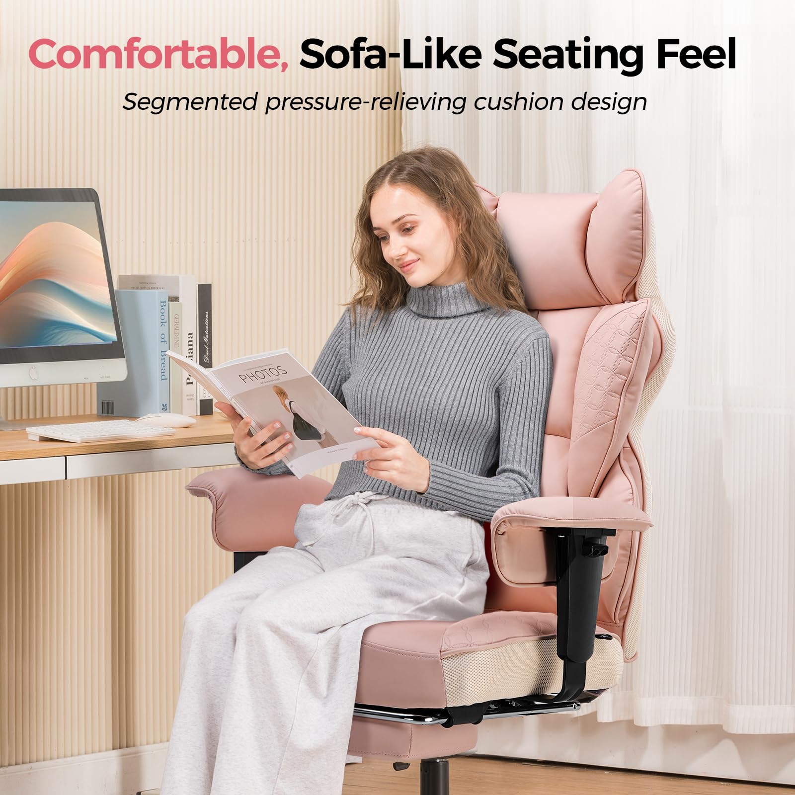 GTPLAYER Big and Tall Gaming Chair 400lbs Heavy Duty Office Chair with Foot Rest & Ergonomic Pocket Spring Lumbar Support, High Back 3D Saddle Shaped Cushion for Back Pain Relief, Pink view 6