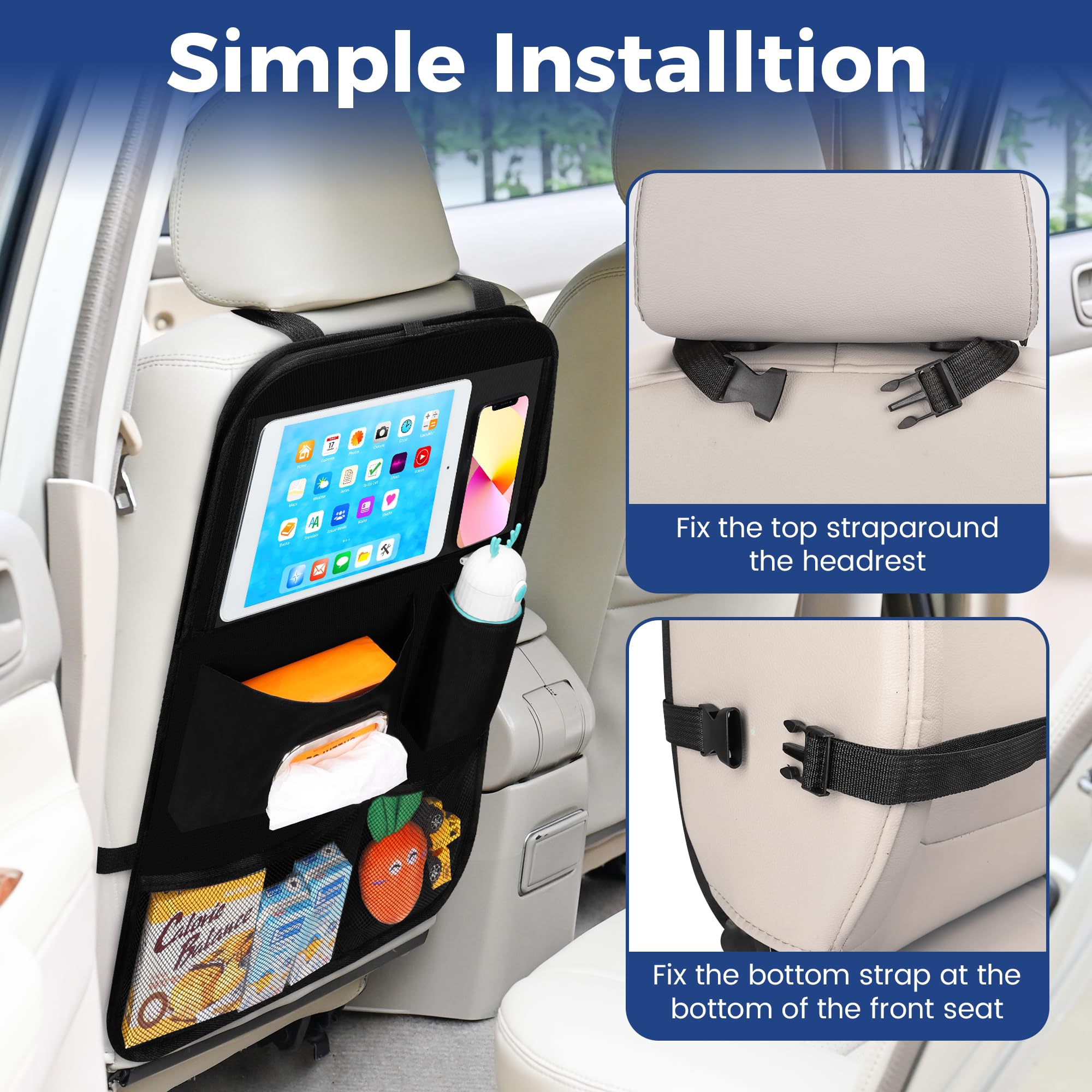 Einesin Proteggi Sedile Auto Bambini Posteriore con Vassoio da Tavolo Pieghevole per tablet bambini, Impermeabile Organizer Sedile Posteriore Auto Tasca Trasparente per Tablet iPad