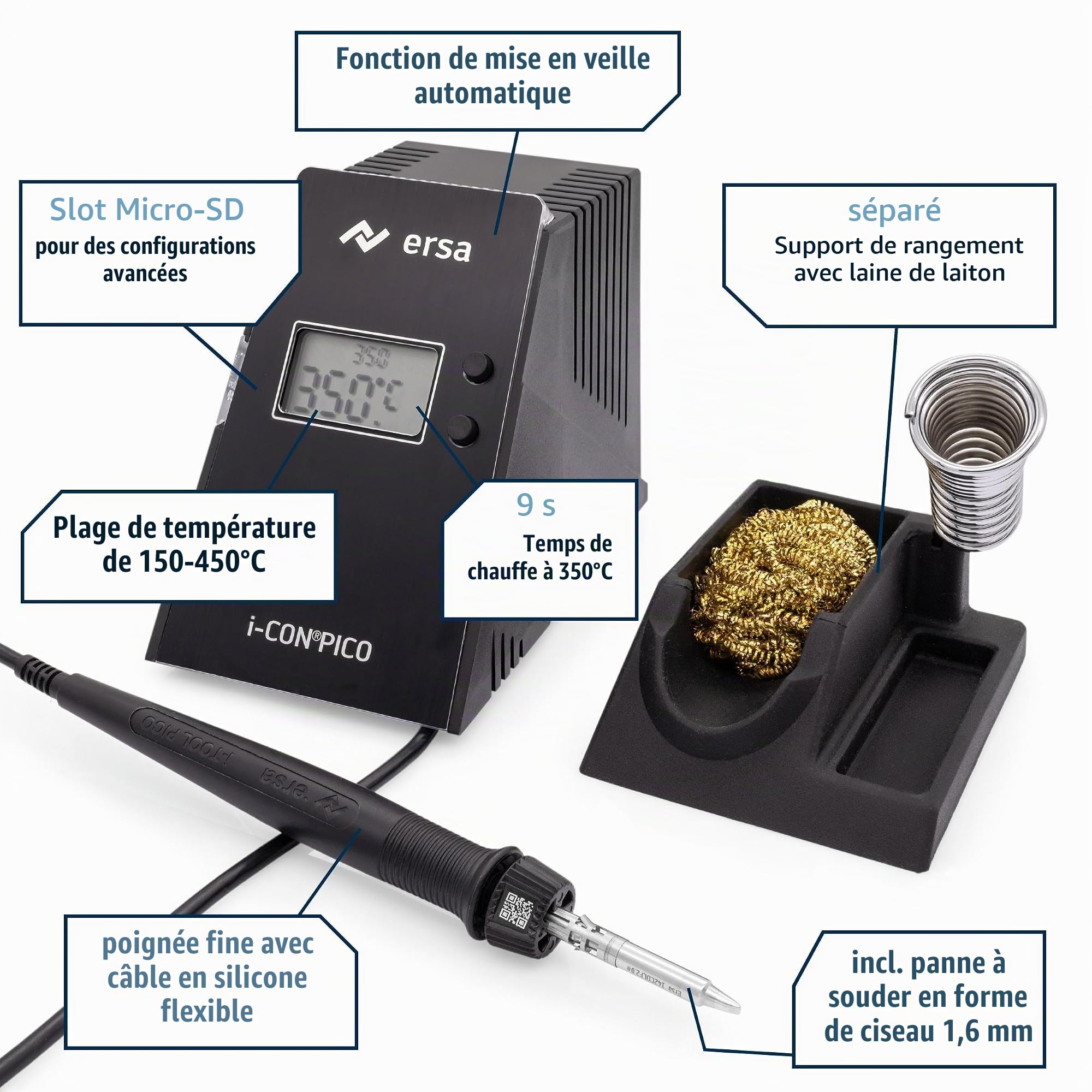ERSA i-CON PICO MK2 Station de soudage numérique 80 W 150-450 °C avec fer à souder i-TOOL PICO MK2 léger et ergonomique avec changement TIP`N TURN + Panne à souder de 1,6 mm avec veille automatique