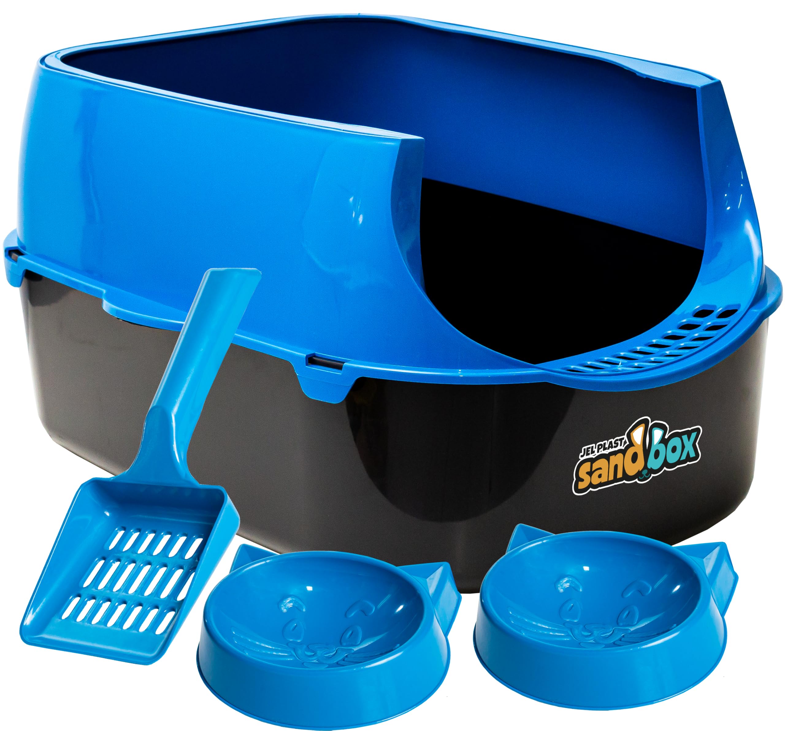 Cat Litter Tray Large with High Sides – Open Top Litter Box for Cats, Complete Kit with Scoop & 2 Feeder Bowls (Blue)