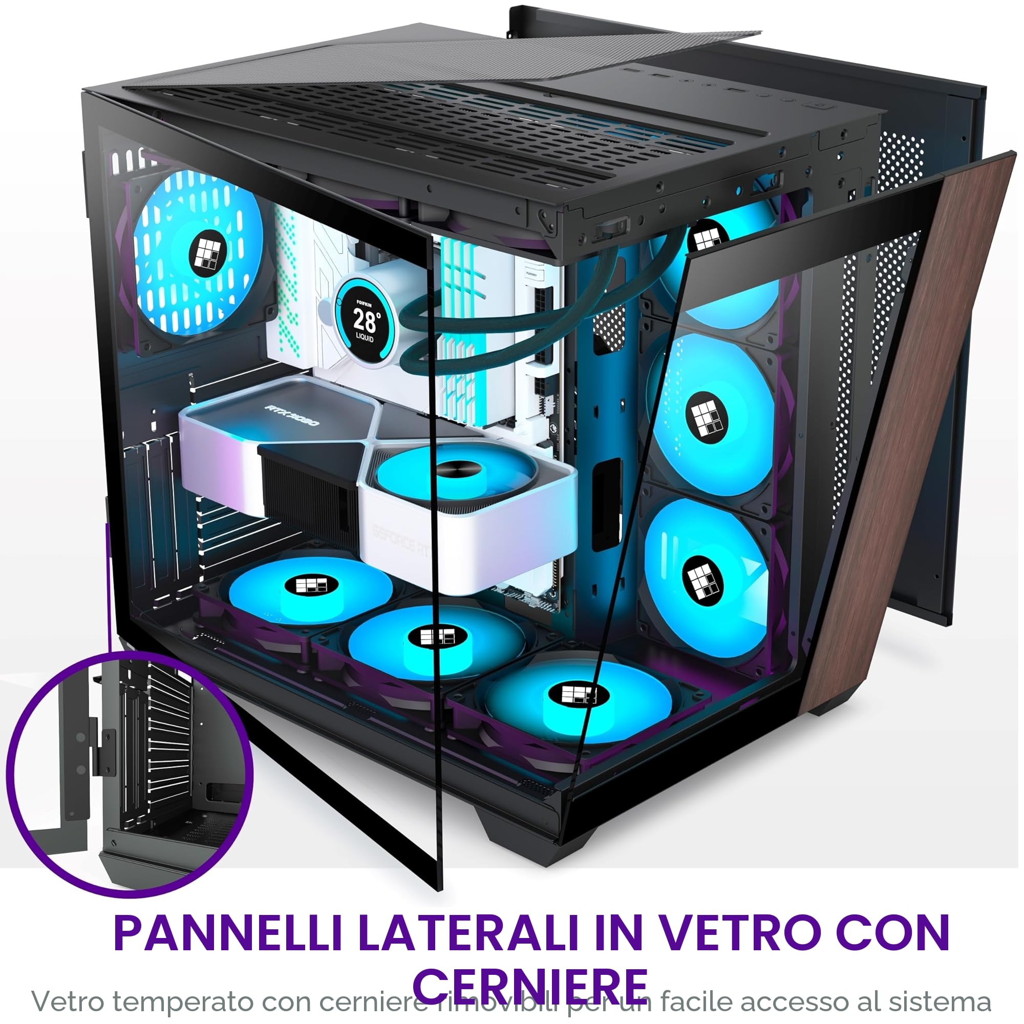 FOIFKIN F300 Case PC ATX con 7 ventole PWM ARGB,Case per PC Mid-Tower ad alto flusso d'aria,Case PC Gaming,Case ATX nero,Case computer Big Tower,Supporta Radiatore 360 mm,Type-C (Legno-Nero, F300)