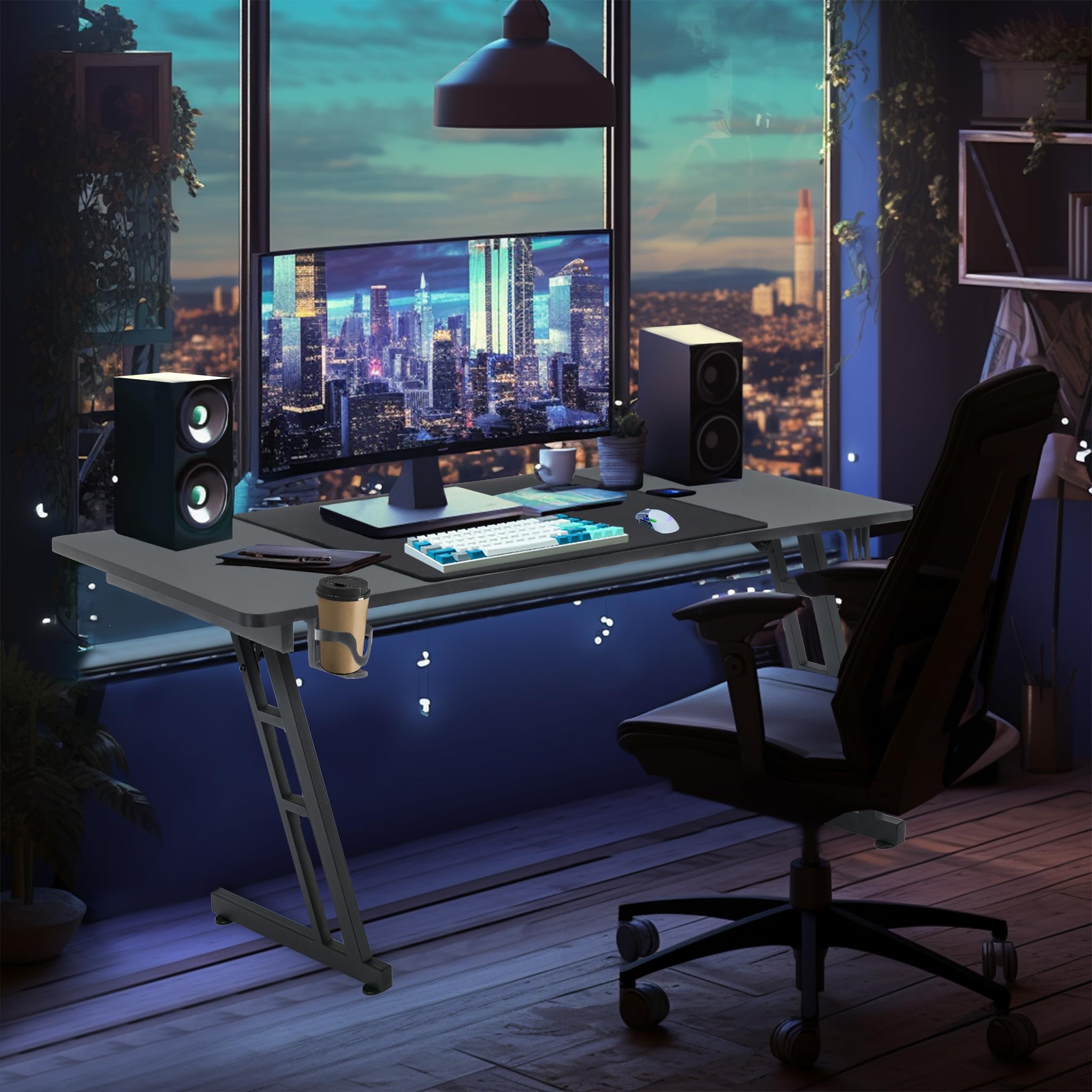 NAIZY Gaming Tisch 160x60cm Gamingtisch Schwarz Schreibtisch Kohlefaserplatte Gamer Computertisch Ergonomischer PC Tisch mit Kabelloch