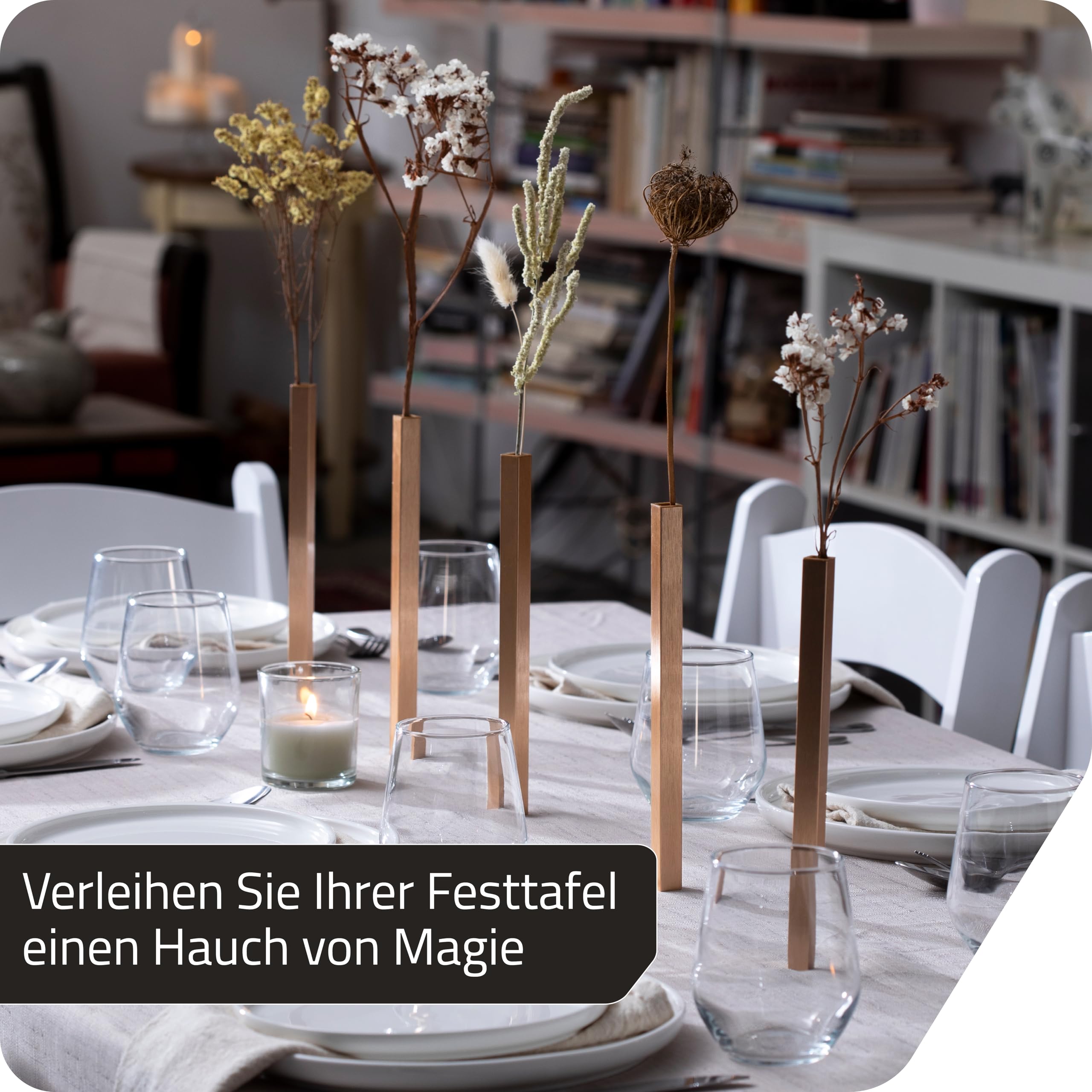 PELEG DESIGN Magnetische Blumenvase – Mini Vasen für Tischdeko | Set mit 5 kleinen Silbervasen aus Aluminium – Vasen Set für Wohn- und Gartendekoration, für echte und künstliche Blumen (Gold)