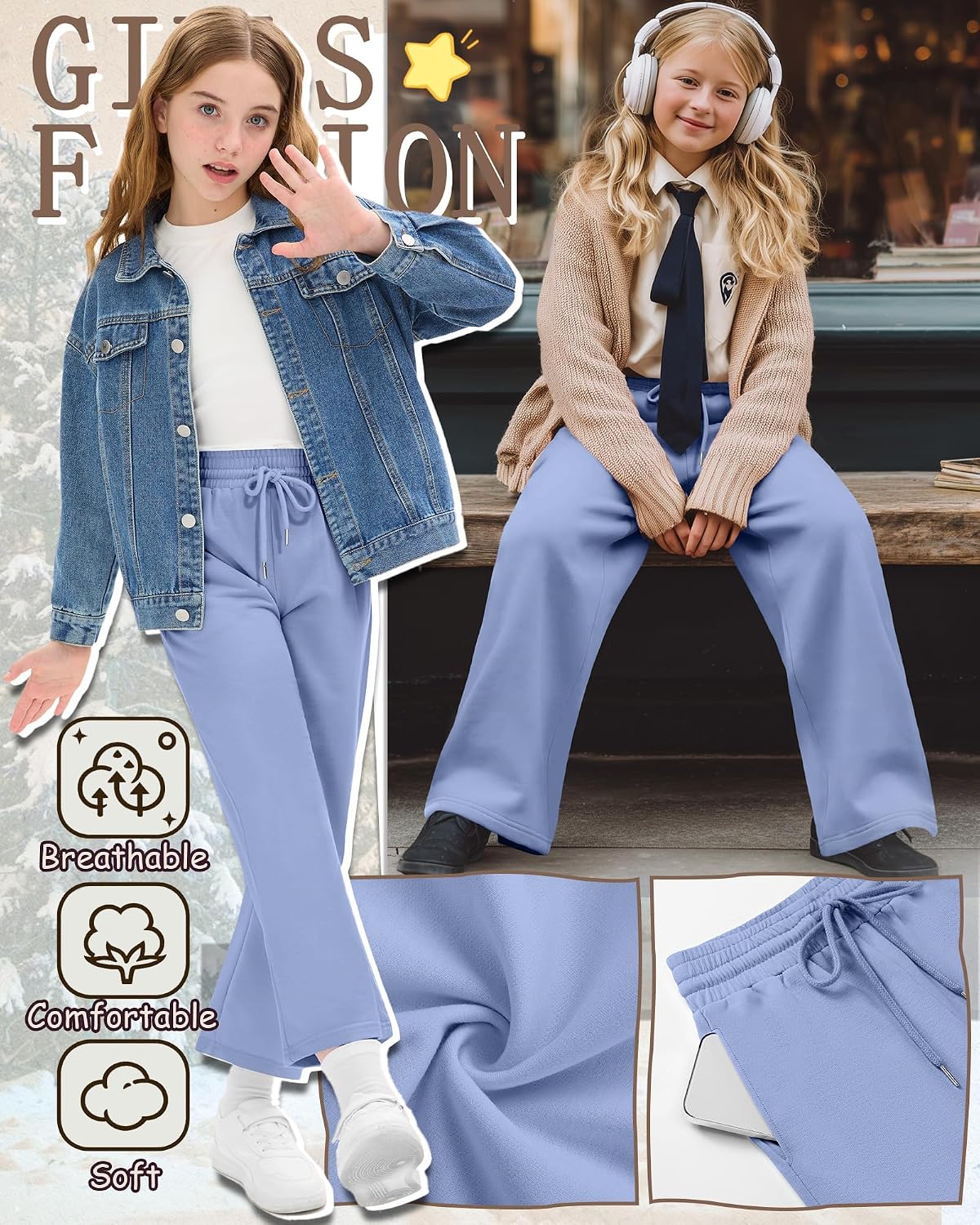 4 Pack Teen Girls Sweatpants Wide Leg Drawstring Jogger Pants Straight Leg Athletic Trousers with Pockets Size 5-14
