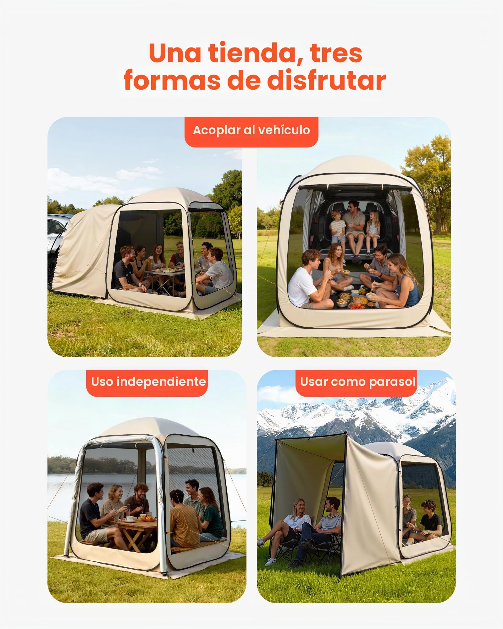 VEVOR Tienda de Campaña con Mosquitera, 1825 x 1825 x 2200 mm, 4-6 Personas, Plegable, para Portón Trasero SUV, con Bolsa de Transporte, Laterales de Malla, para Actividades al Aire Libre, Beige