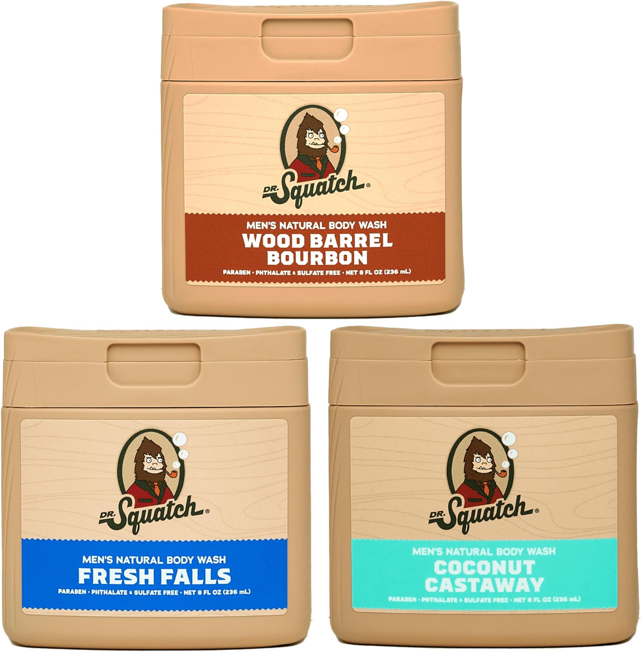 Dr. Squatch NEW Body Wash for Men with Nourishing, Natural Ingredients | No Paraben, Phthalate, Sulfate | All Day Moisturization | Wood Barrel Bourbon, Fresh Falls & Coconut Castaway (8 oz, 3-Pack)