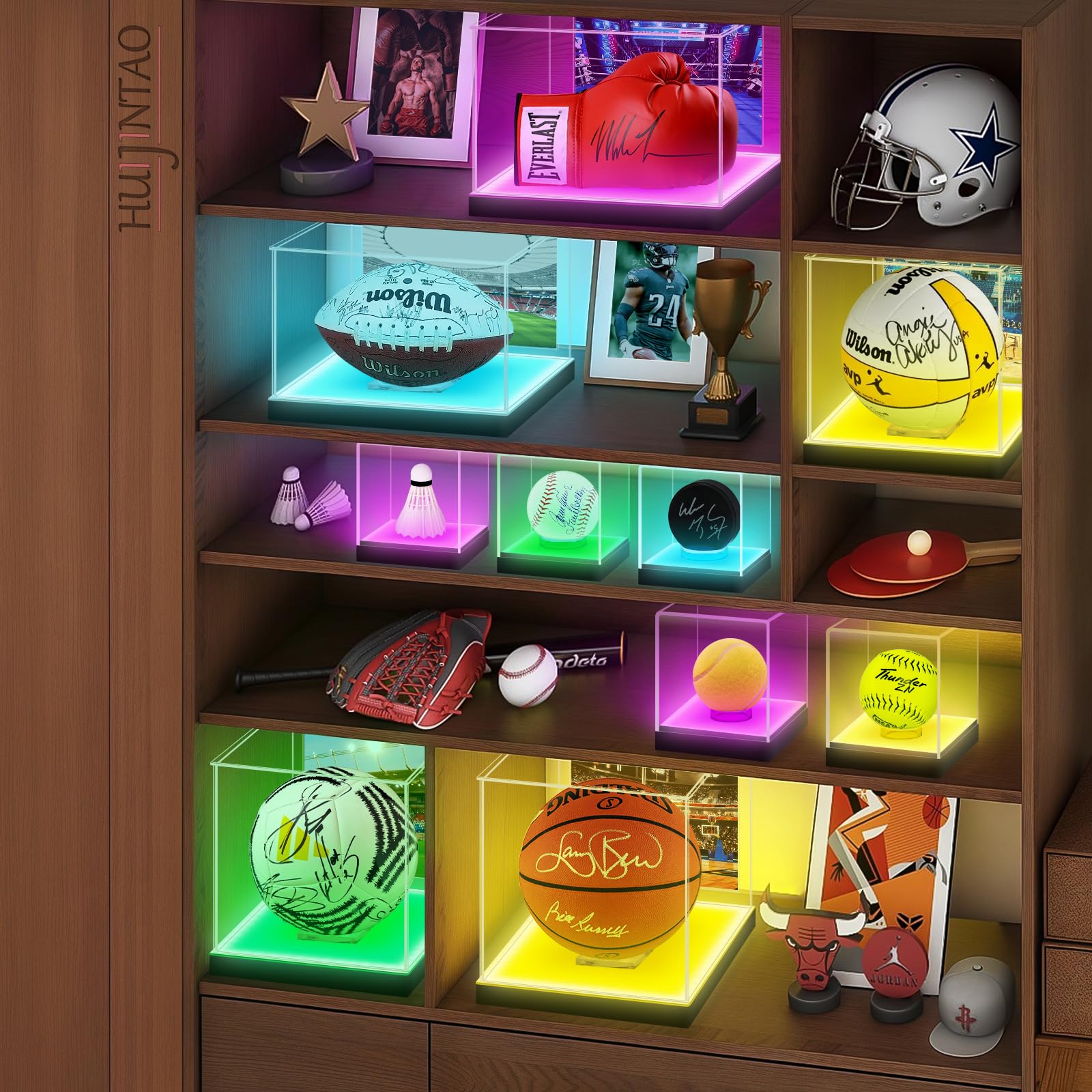 Vitrina acrílica / Caja de exhibición / Estuche de exhibición para coches a escala, figuras, baloncesto | con iluminación LED, automontaje (27x27x27 cm)