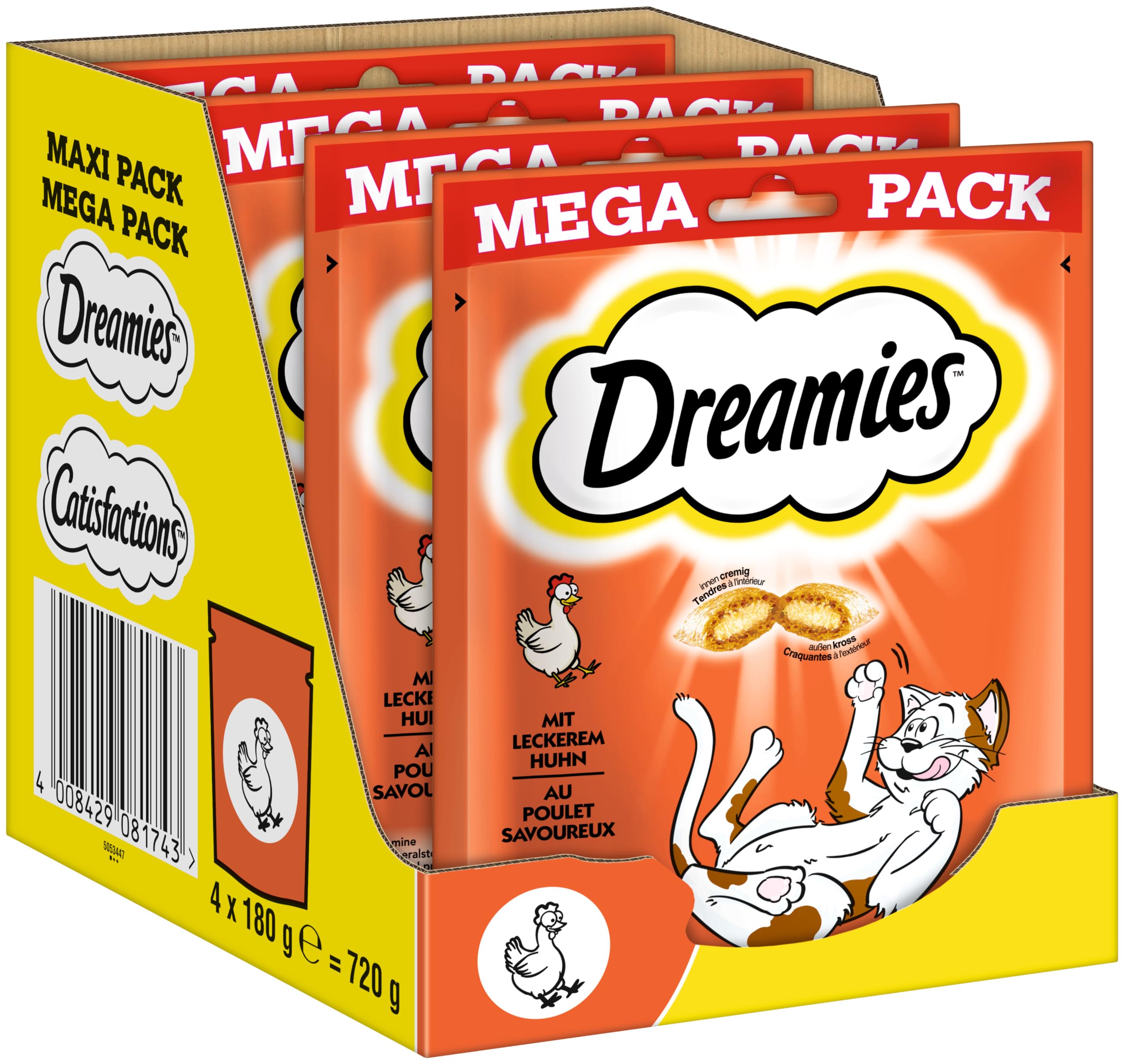 Dreamies Klassiker Katzensnacks mit Huhn – Katzenleckerli mit knuspriger Textur und cremiger Füllung – 4 x 180g