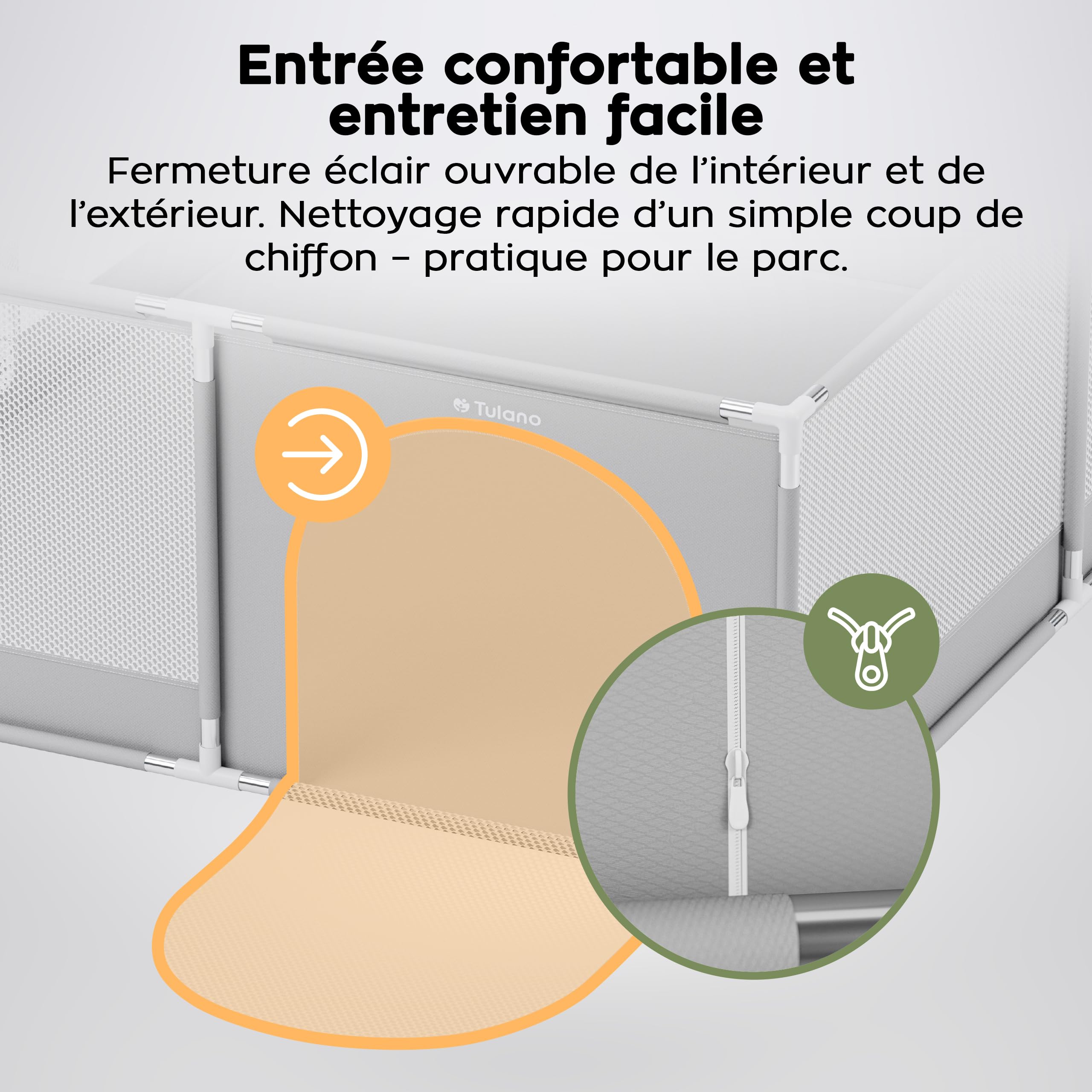Tulano Cozy 25 – parc bebe xxl – parc enfant pour usage intérieur et extérieur – structure métallique stable – parois en maille – entrée zippée - Sac de Transport – 150x180-6 à 36 mois - Gris