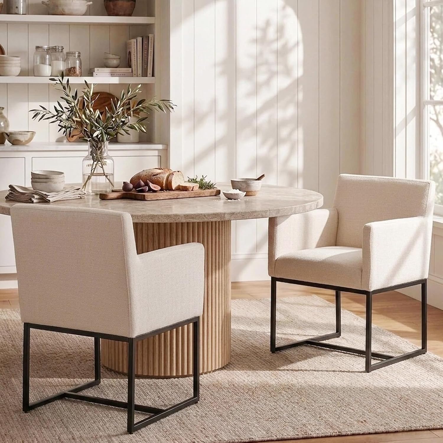HNY Mid Century Modern Upholstered Dining Chairs with Arms Set of 2, Linen Accent Black Finish Metal Frame, 19'' Wide Arm for Living Room Kitchen Bedroom, Cream, Cream-linen-black Frame