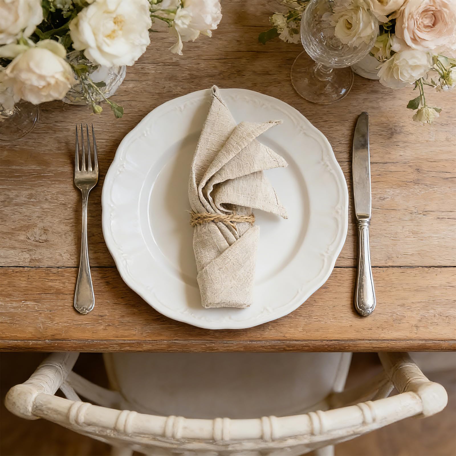 Lot de 12 serviettes en tissu, 40 x 40 cm, réutilisables, en tissu, 100 % naturel, en lin, en coton, décoration de table pour mariage, anniversaire, cuisine (beige)
