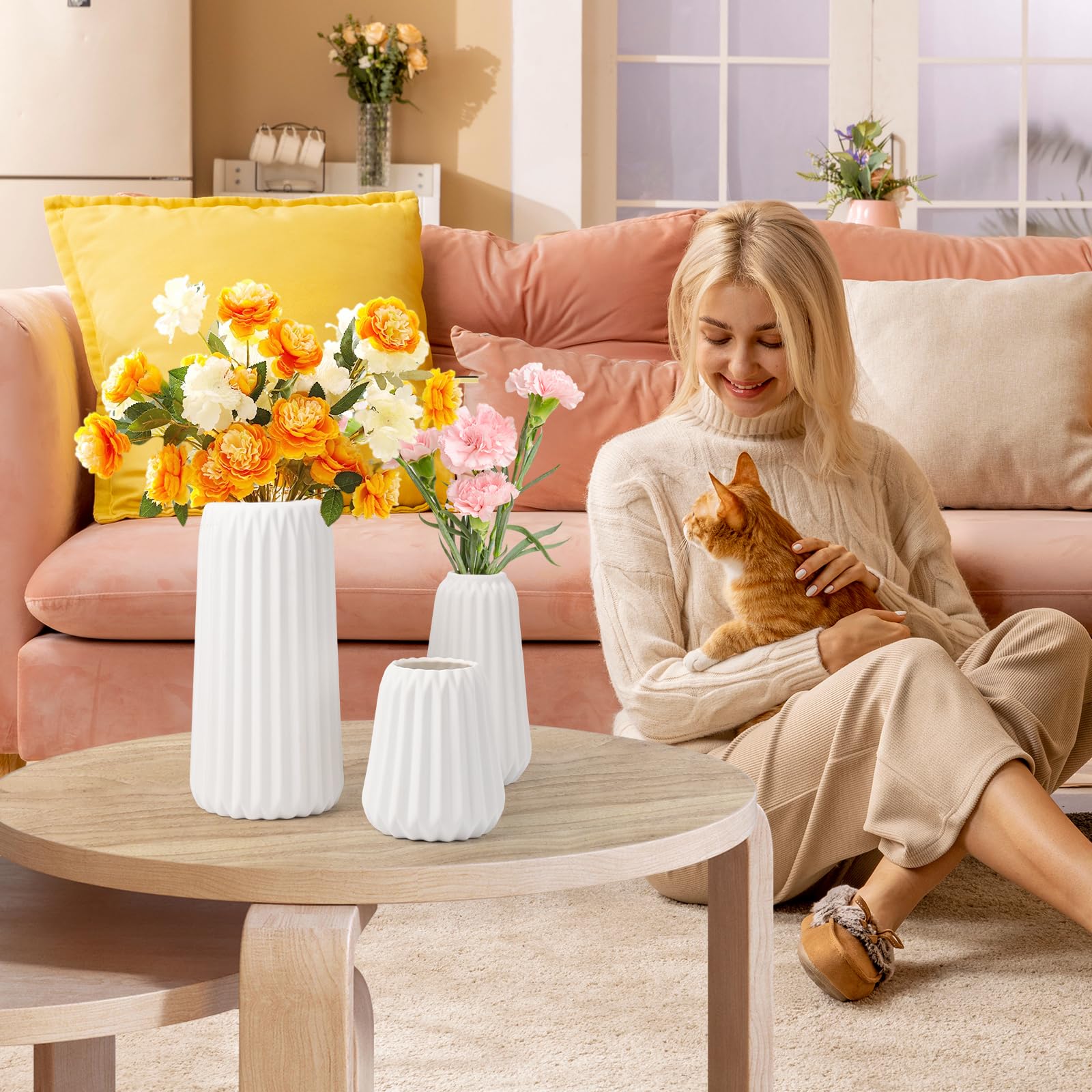 Vaso in ceramica bianca per fiori, 20,3 cm, moderno, piccolo, a coste, colore: bianco, per decorazione domestica, erba della pampa, decorativo, fattoria, tavolino da caffè, libreria e soggiorno