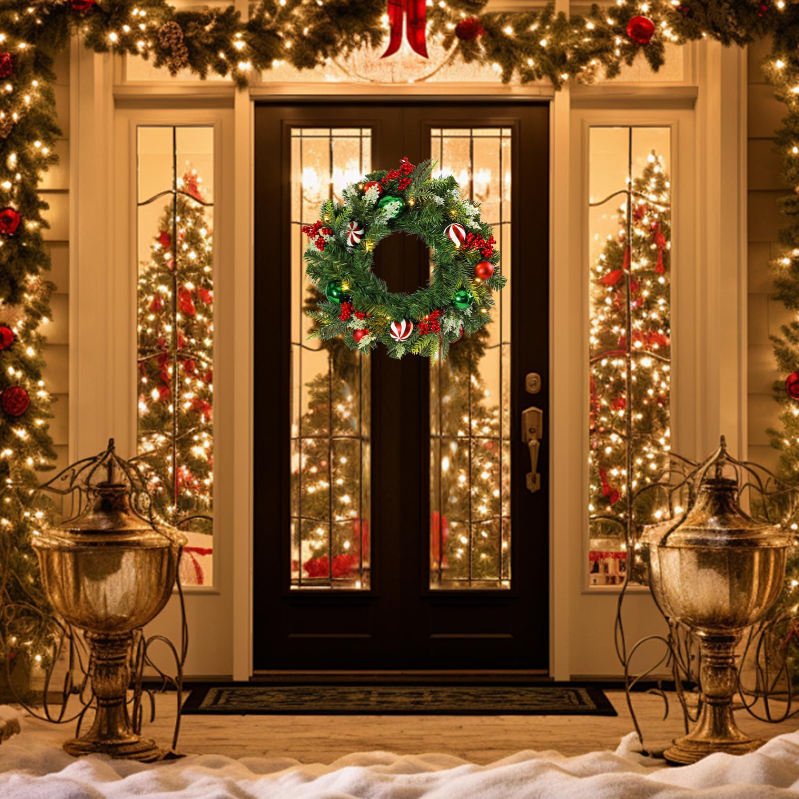 MUMTOP Couronne de Noël lumineuse de 50,8 cm avec boules de baies rouges, couronne de porte d'entrée à piles avec lumières LED pour décoration de la maison