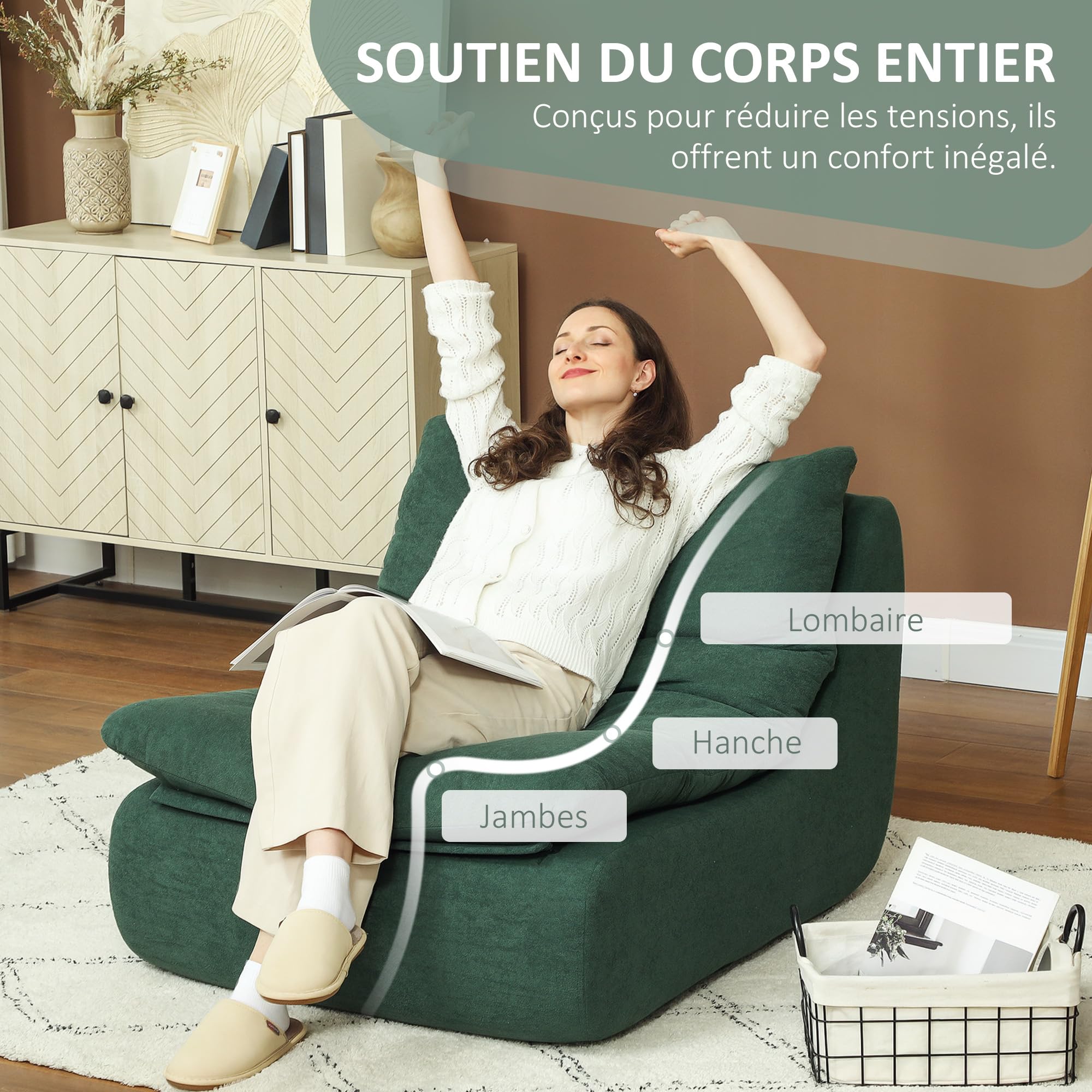HOMCOM Canapé Paresseux chauffeuse 1 Place Fauteuil de Sol en Mousse Monobloc Ultra Haute densité, Fauteuil pour Salon, Chambre et Bureau, Charge 200 Kg, 82x103x75cm, Vert