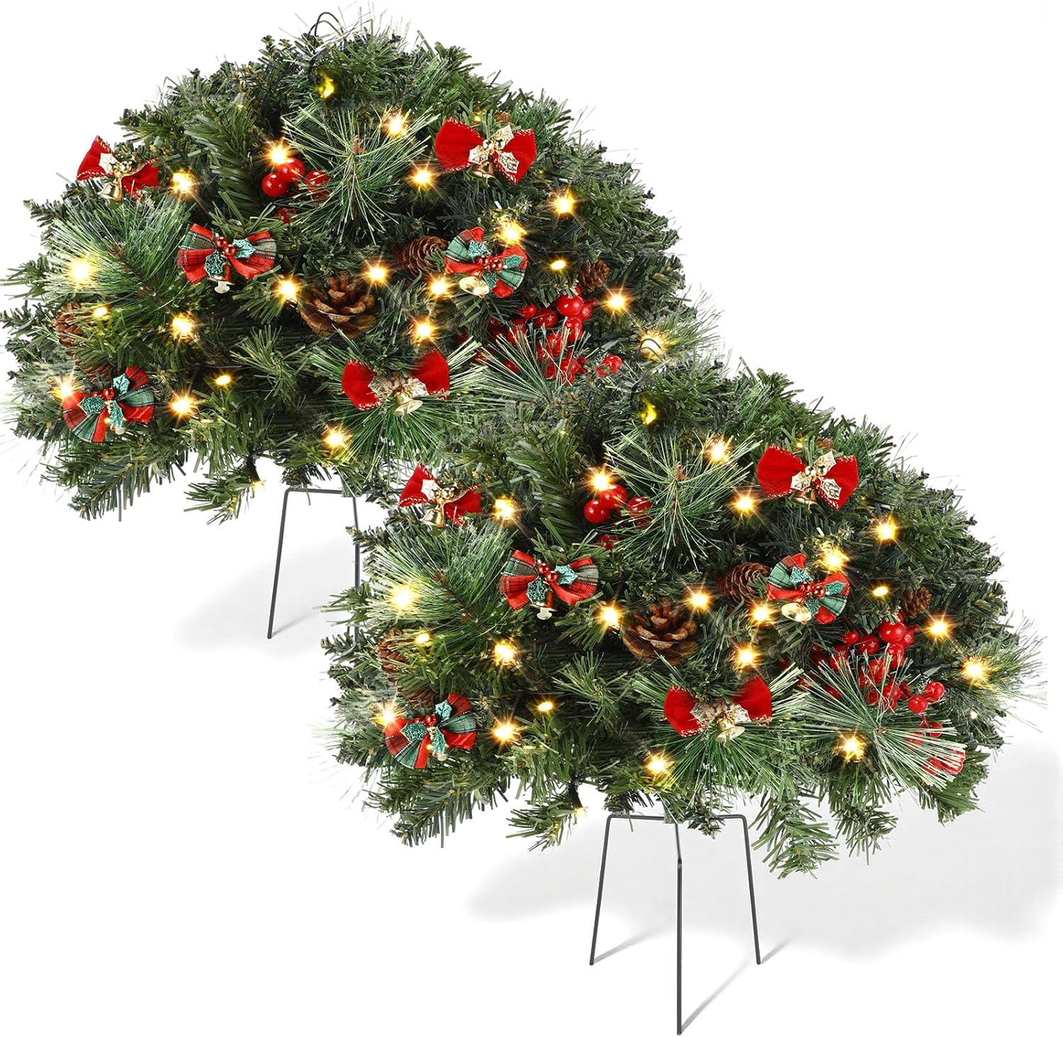 2 Pack Outdoor Christmas Tree Urn Filler 25 Inch Pre Lit Artificial Xmas Tree with Cones and Red Berries for Porch Light up Winter Filler with 70 LED Lights Stake for Front Door Yard Indoor 2 Christmas Bow
