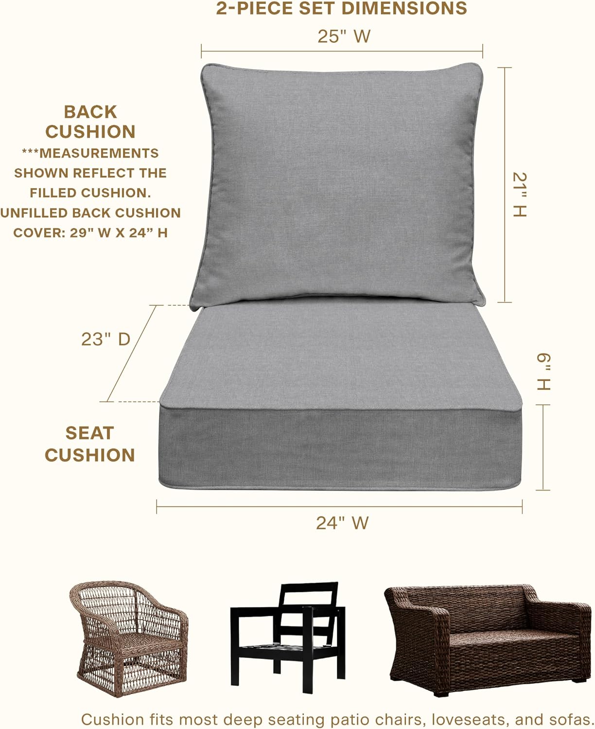 Honeycomb Outdoor Heritage Deep Seat, 24 x 23, Textured Solid Platinum Grey Chair Cushion with Removable Cover, for Patio Furniture
