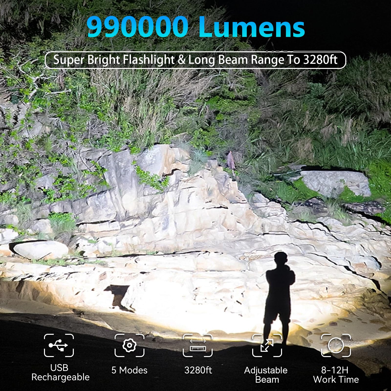 Rechargeable Flashlights High Lumens, 990000 Lumens LED Flashlight with 5 Modes, IPX6 Waterproof Flash Light with Large Capacity, Brightest Flashlights for Home Camping — Amazon image 2