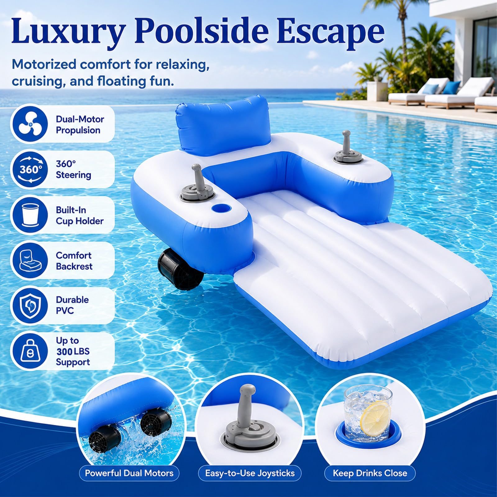 Asiento Acuático Inflable con Doble Motor 50w, Flotador Eléctrico para Adultos | Alimentación Mediante Batería Recargable, Cuerpo Flotante Estable Para Un Uso Seguro Dentro De Piscinas Privadas