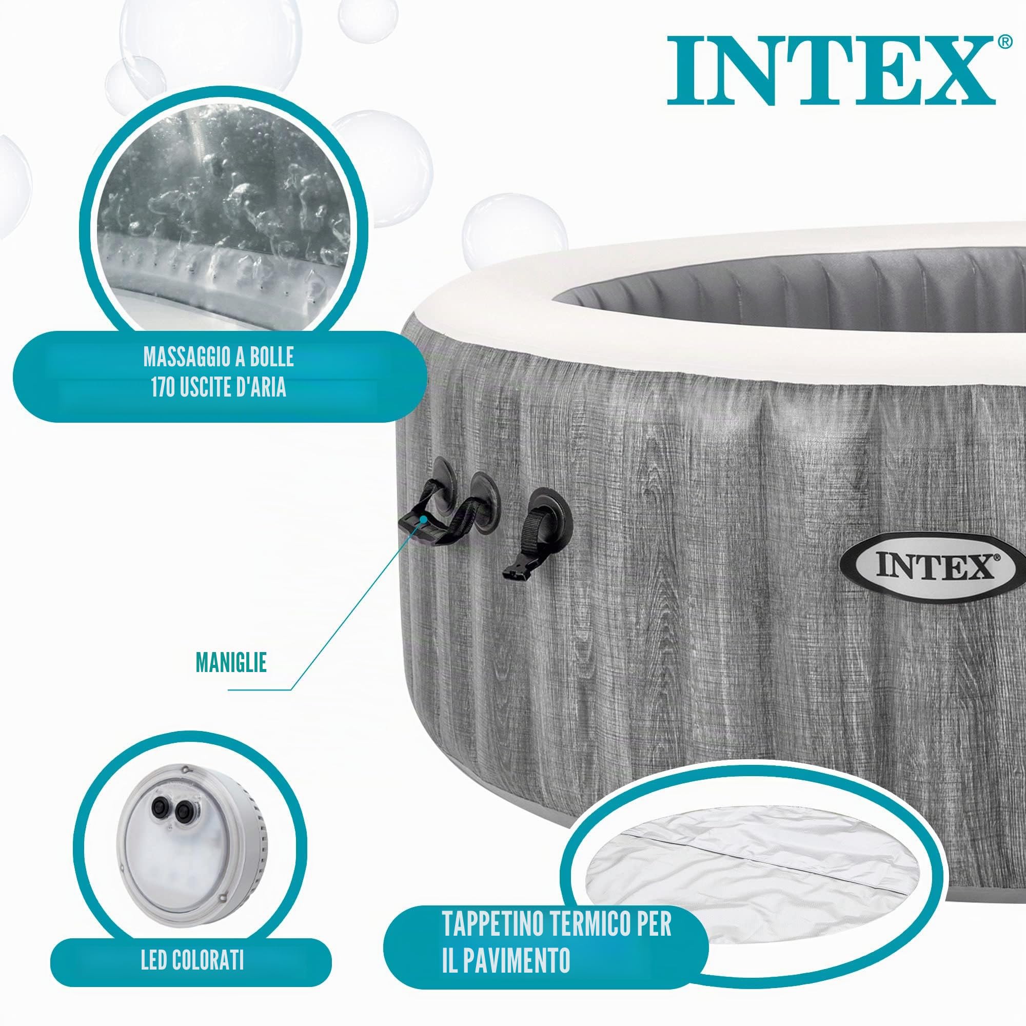 Intex 28442EX - PureSpa Vasca Idromassaggio Gonfiabile Greywood Deluxe, 6 posti, 170 Getti, Riscaldatore, PVC, Grigio, 216x71 cm