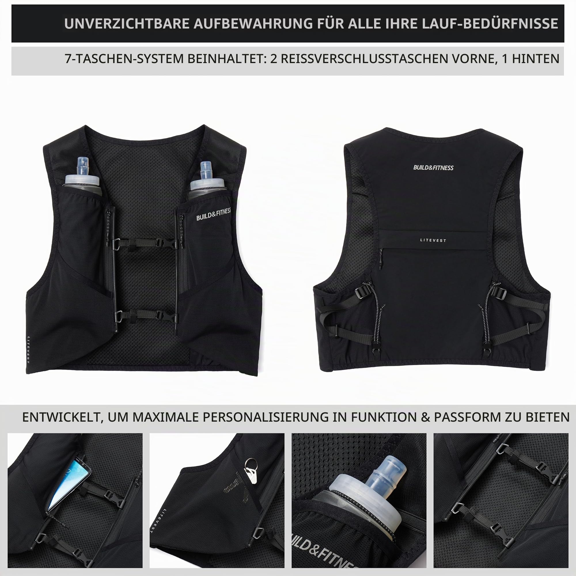 Build & Fitness LITEVEST Laufweste mit 2 x 500 ml Soft Flasks – 7 Taschen, leichte, atmungsaktive Trinkweste – Premium, sicher, bequem und stylisch für Training, Trails, Marathons und Alltagsläufe
