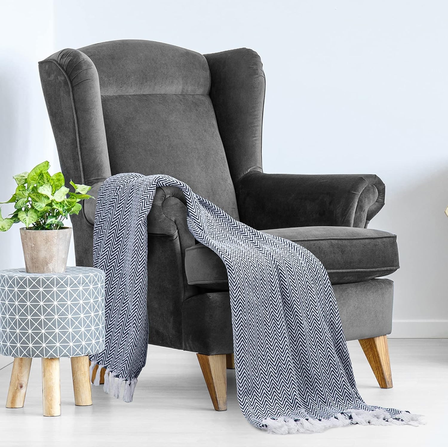 Americanflat 50x60 Throw Blanket - Soft and Breathable Cotton Throw Blanket for Couch, Bed, Chair - Decorative Blankets Perfect for Home or Outdoor Use - Navy Blue and White Herringbone Design - Image 6