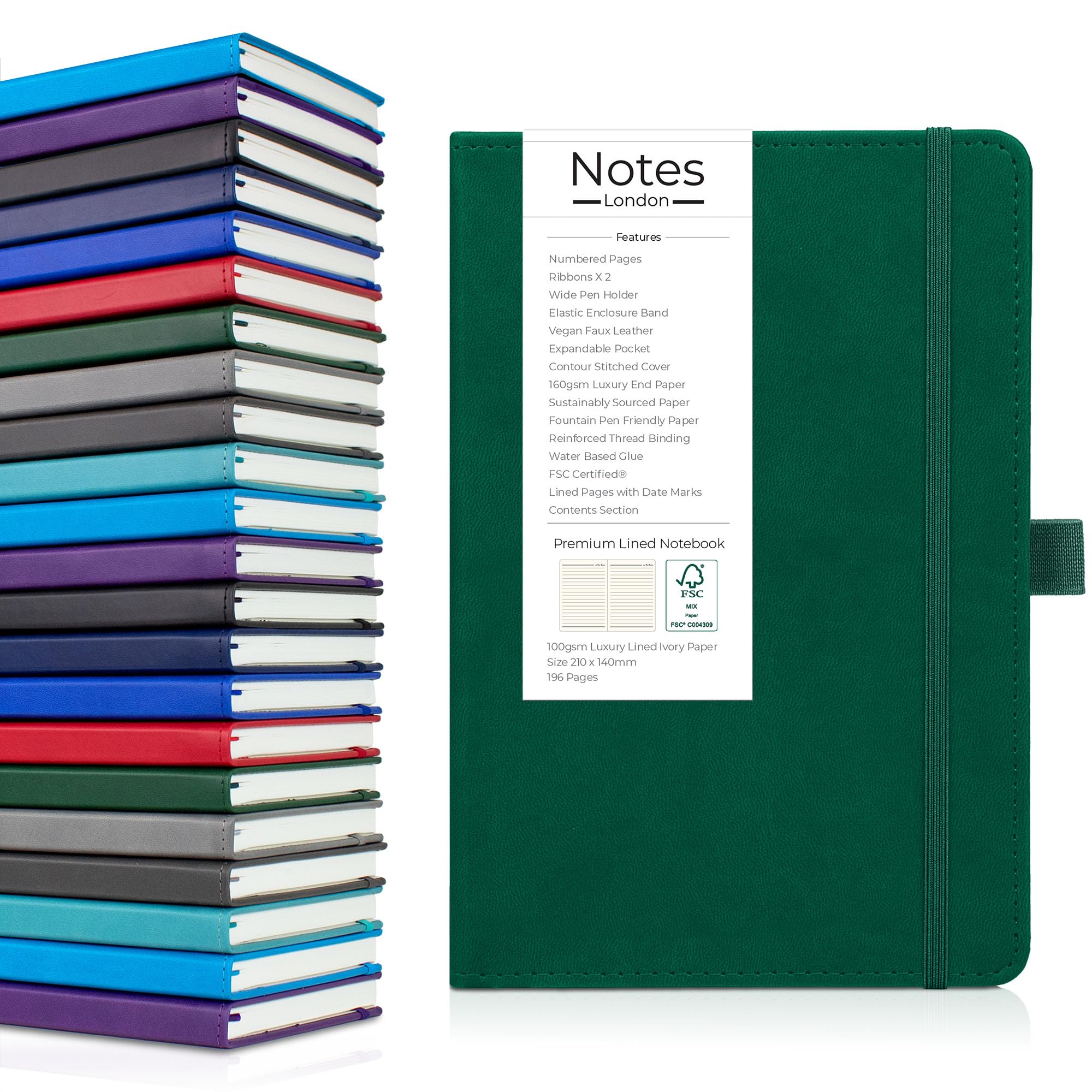 Notes London Luxury Italian style A5 Notebook with Stitched Hardcover, 100gsm Lined Numbered & Date Marked Pages, 2x Ribbons