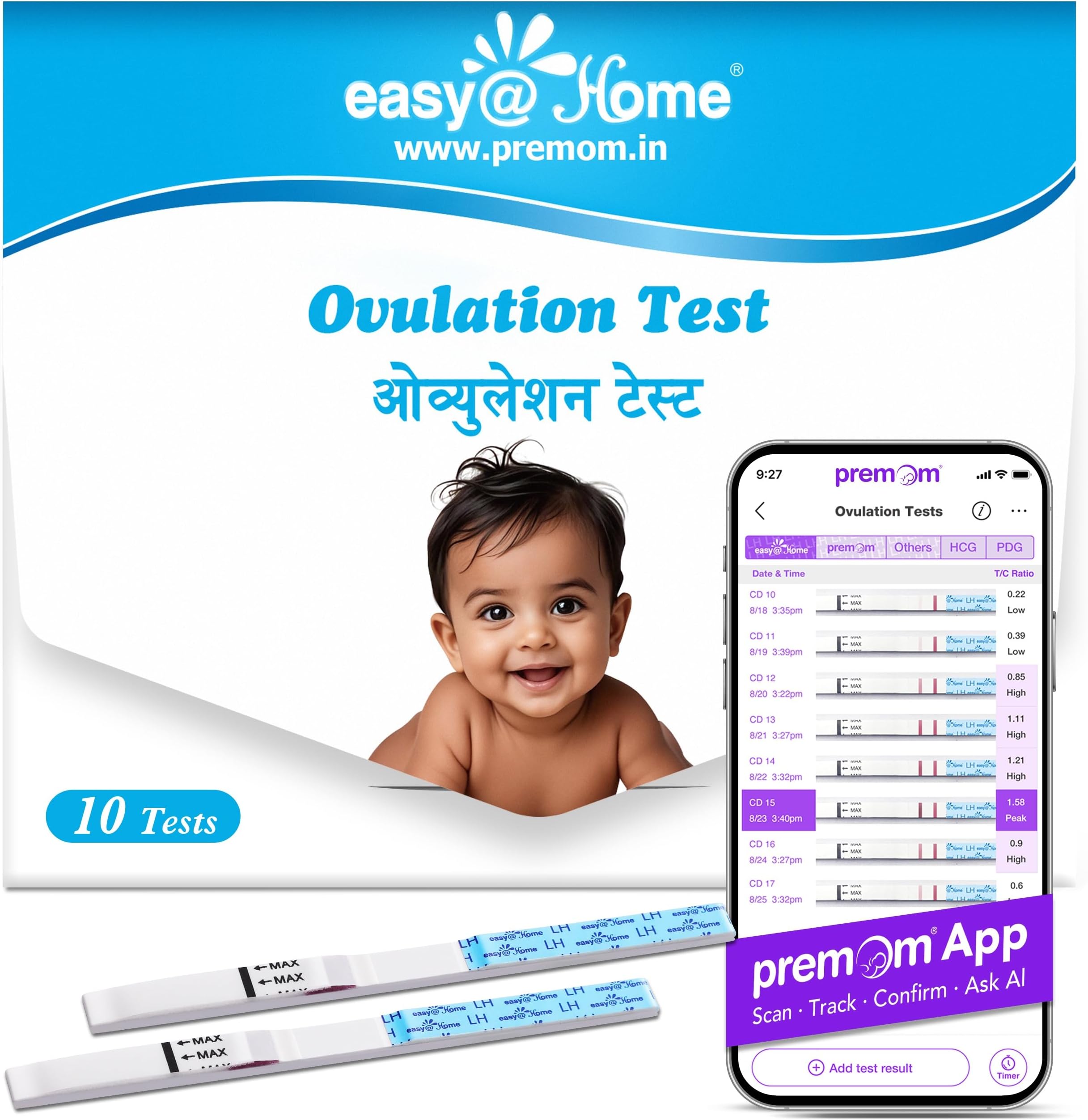 Ovulation Test Kit for Women, 10 Pack LH Test Strips, Fertility Predictor for Pregnancy Planning, Ovulation Tracker Powered by Premom iOS and Android App
