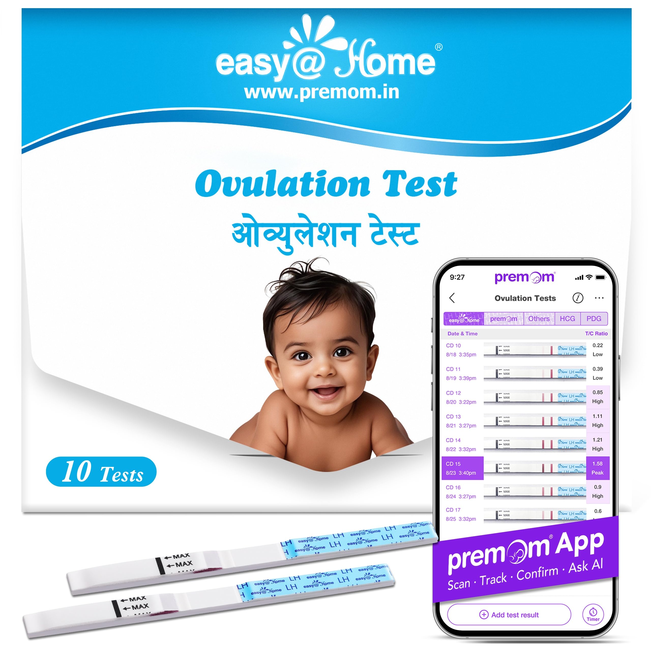 Easy@Home Ovulation Test Kit for Women, 10 Pack LH Test Strips, Fertility Predictor for Pregnancy Planning, Ovulation Tracker Powered by Premom iOS and Android App
