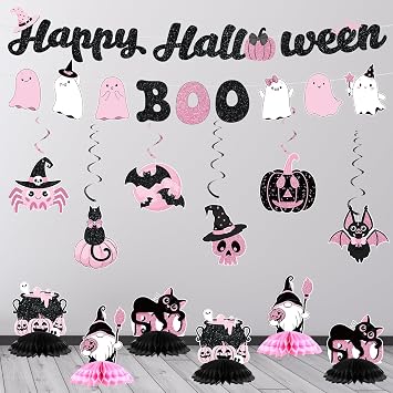 Funrous 35 PCS Pink Halloween Decoration Supplies Include Happy Boo Garland Banners Boo Honeycomb Centerpiece Pink and Black Hanging Swirls for Girls Halloween Baby Shower Party Table Decorations