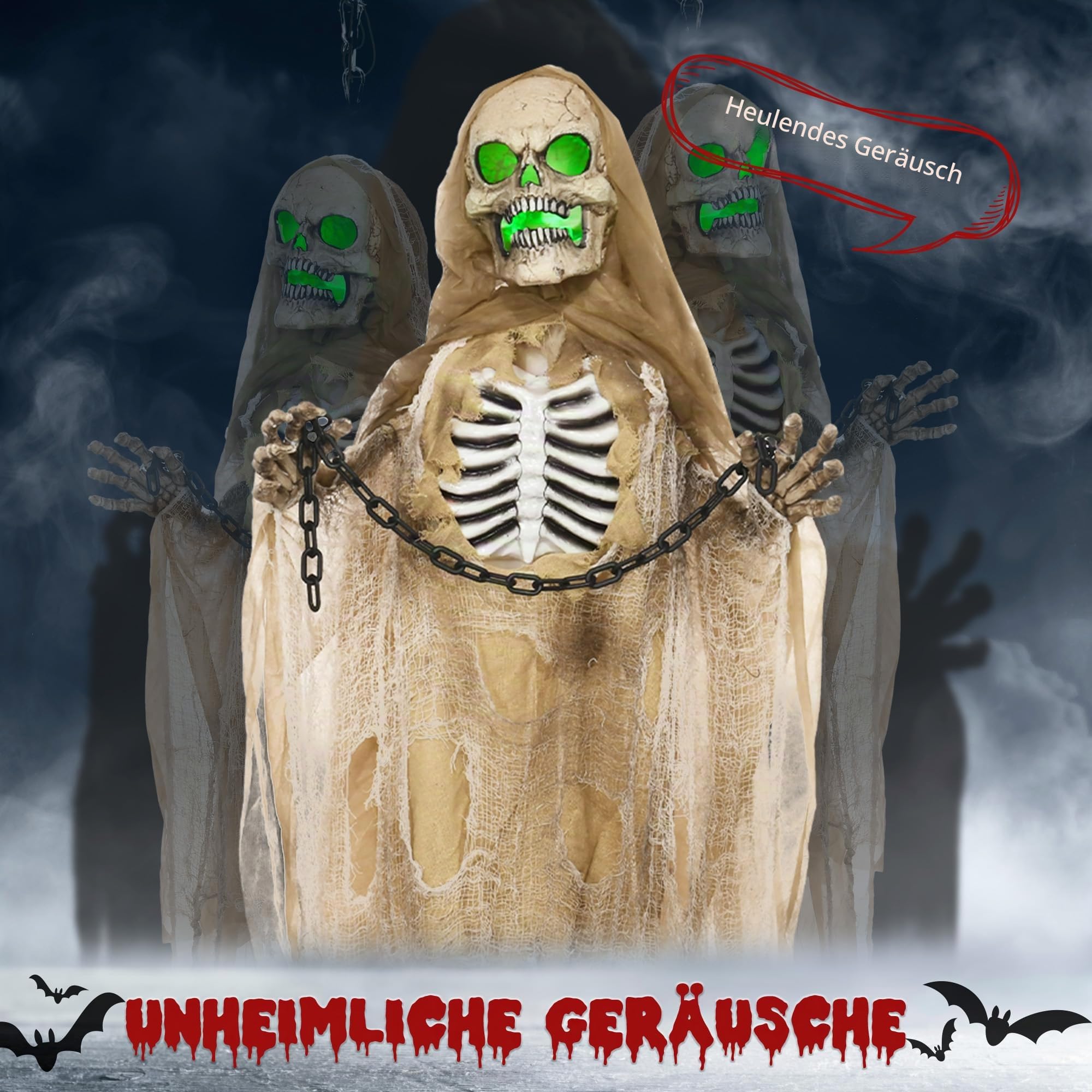 HOMCOM Halloween Deko Skelett 183cm Animiert Hängend Grusel-Sound