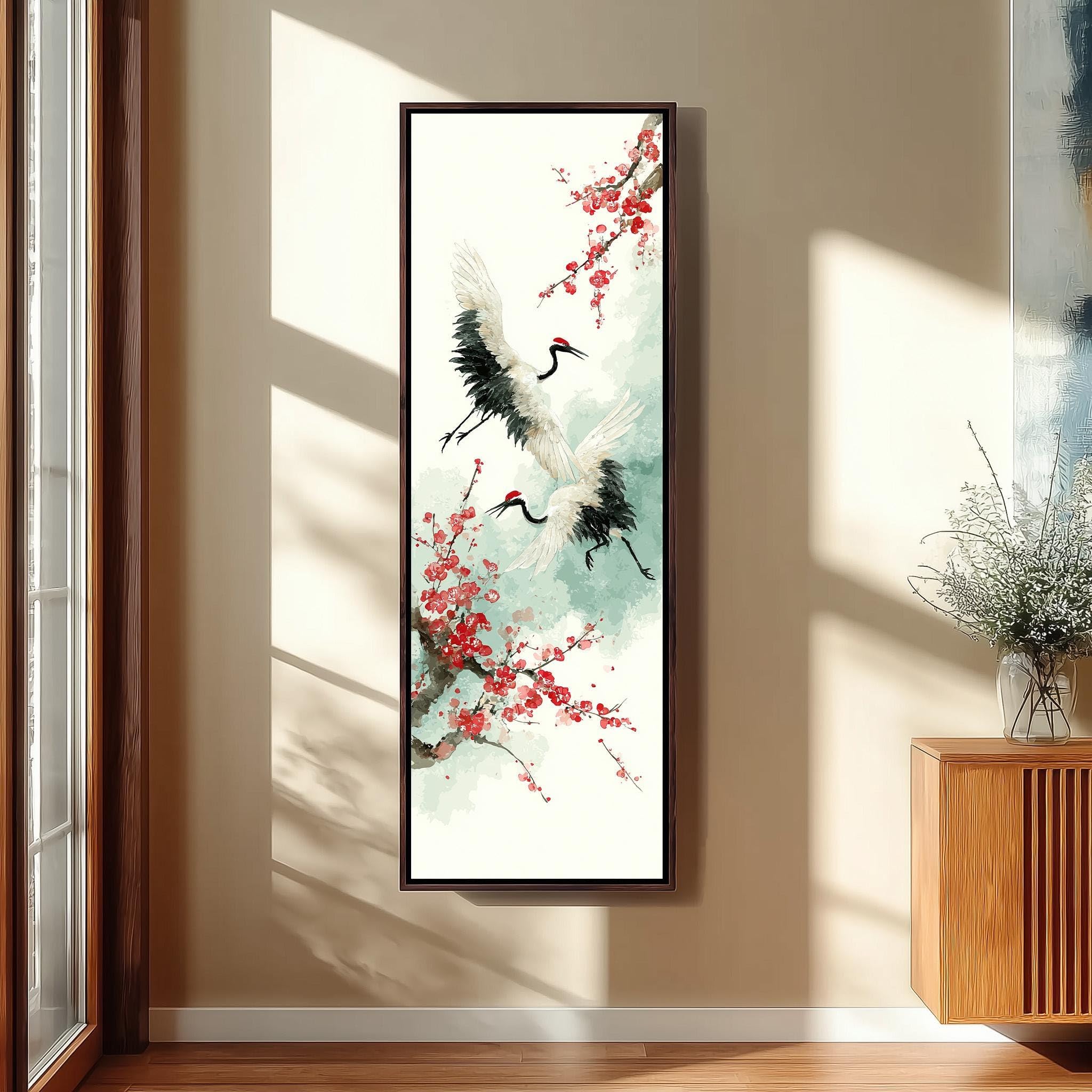 XBTYKPB Tall Vertical Crane Canvas, Long Narrow Asian Bird Art, Skinny Red Blossom Print, Japanese Ink Wash Painting Animals(55x110cm/Frameless)