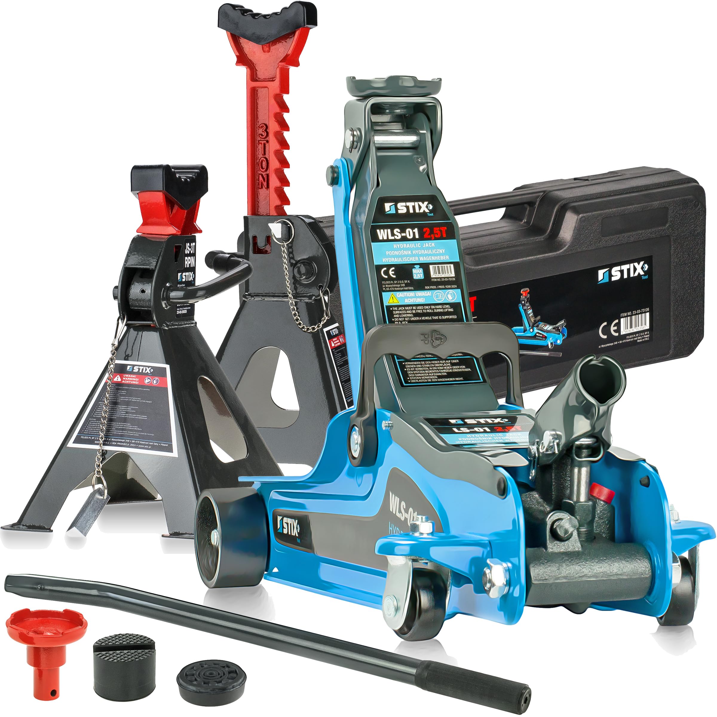 STIX Gato hidráulico de 2,5 T con soportes 3T – Juego de gatos hidráulicos y soportes de taller para coches y SUV, altura ajustable, construcción estable para un trabajo seguro
