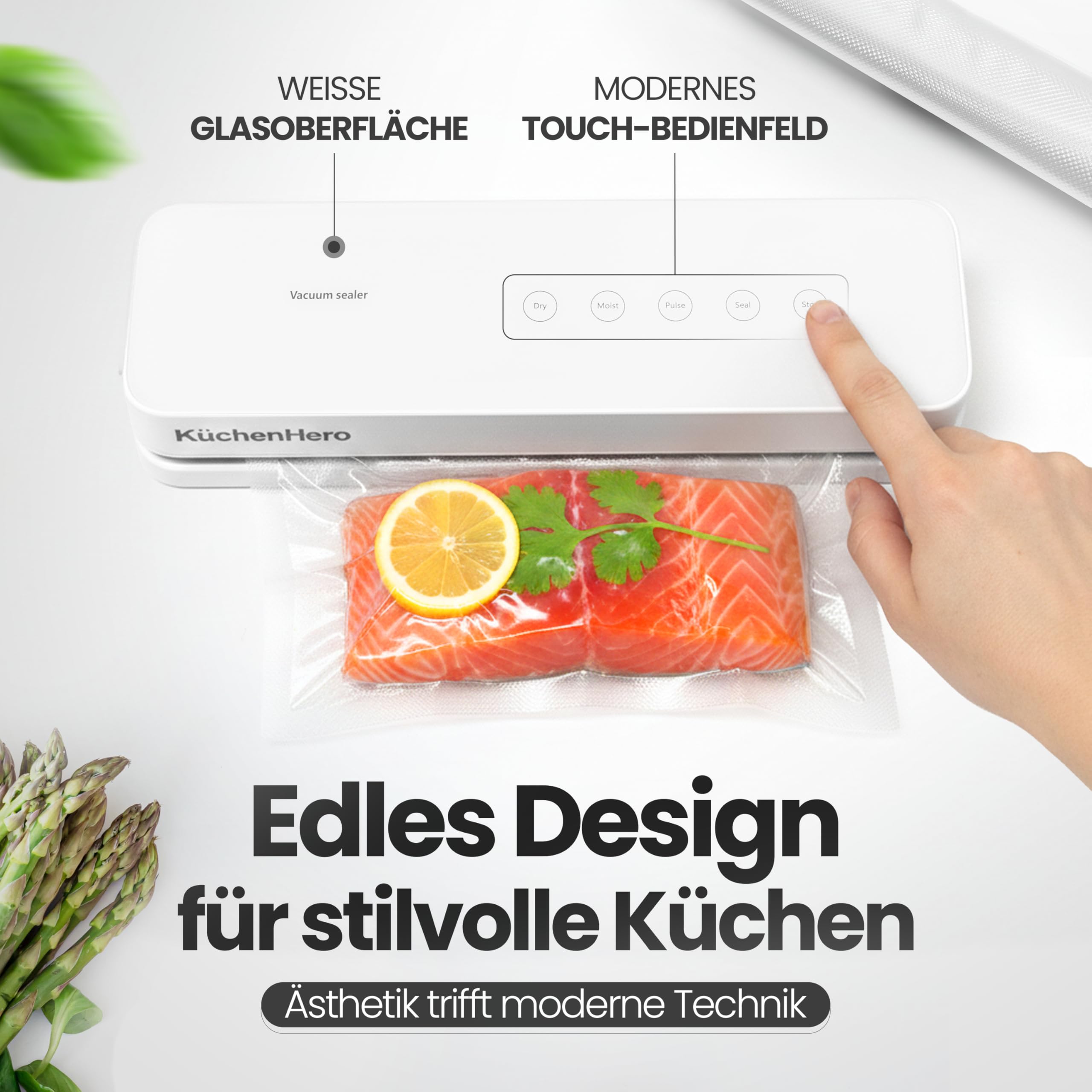 Vakuumierer mit Glasoberfläche & Touch – Premium Vakuumiergerät Weiß – Inkl. 10 Beutel & Schlauch – 5 Modi (Dry/Moist/Pulse) – Leises Folienschweißgerät für Sous Vide & Lebensmittel