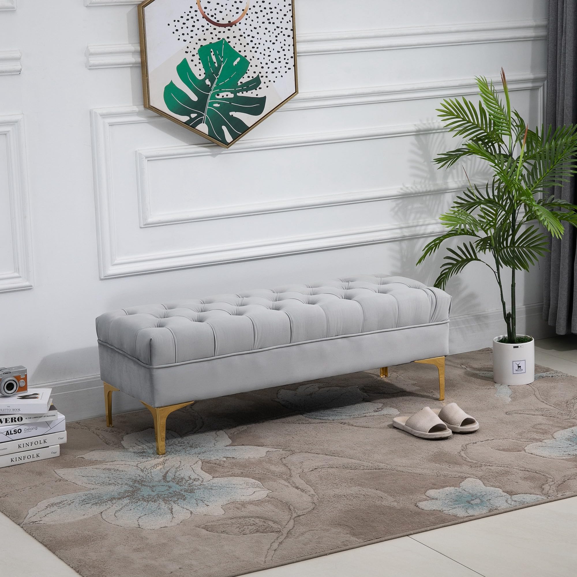 HOMCOM Banco Pie de Cama Taburete Pie de Cama con Asiento Acolchado y Patas Metálicas Banqueta de Dormitorio para Entrada Pasillo Carga 120 kg 118x45x42 cm Gris