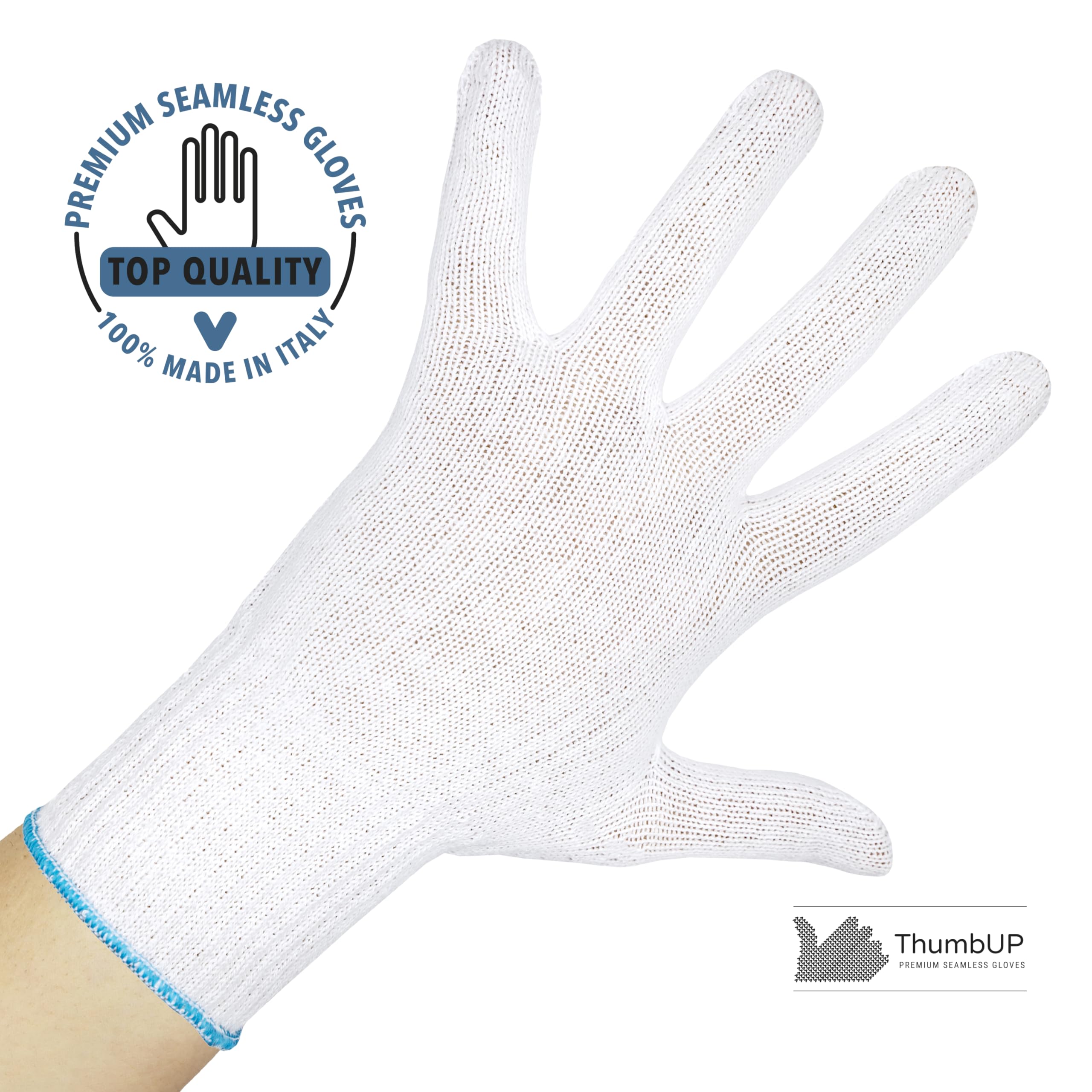 ThumbUP Supersoft - 12 Paia di Guanti in 100% Cotone Made in Italy Since 1994, Ipoallergenici Latexfree, Senza Cuciture, Lavabili Riutilizzabili, Bianco, Taglia S